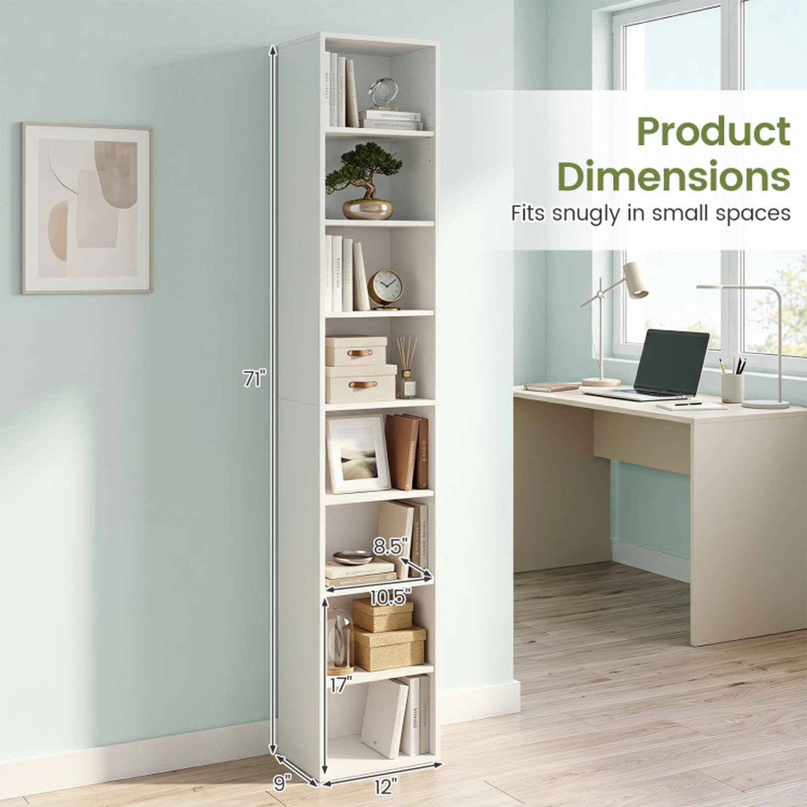 SUGIFT White 8-Tier Narrow Bookshelf 71 in with 4 Adjustable Shelves