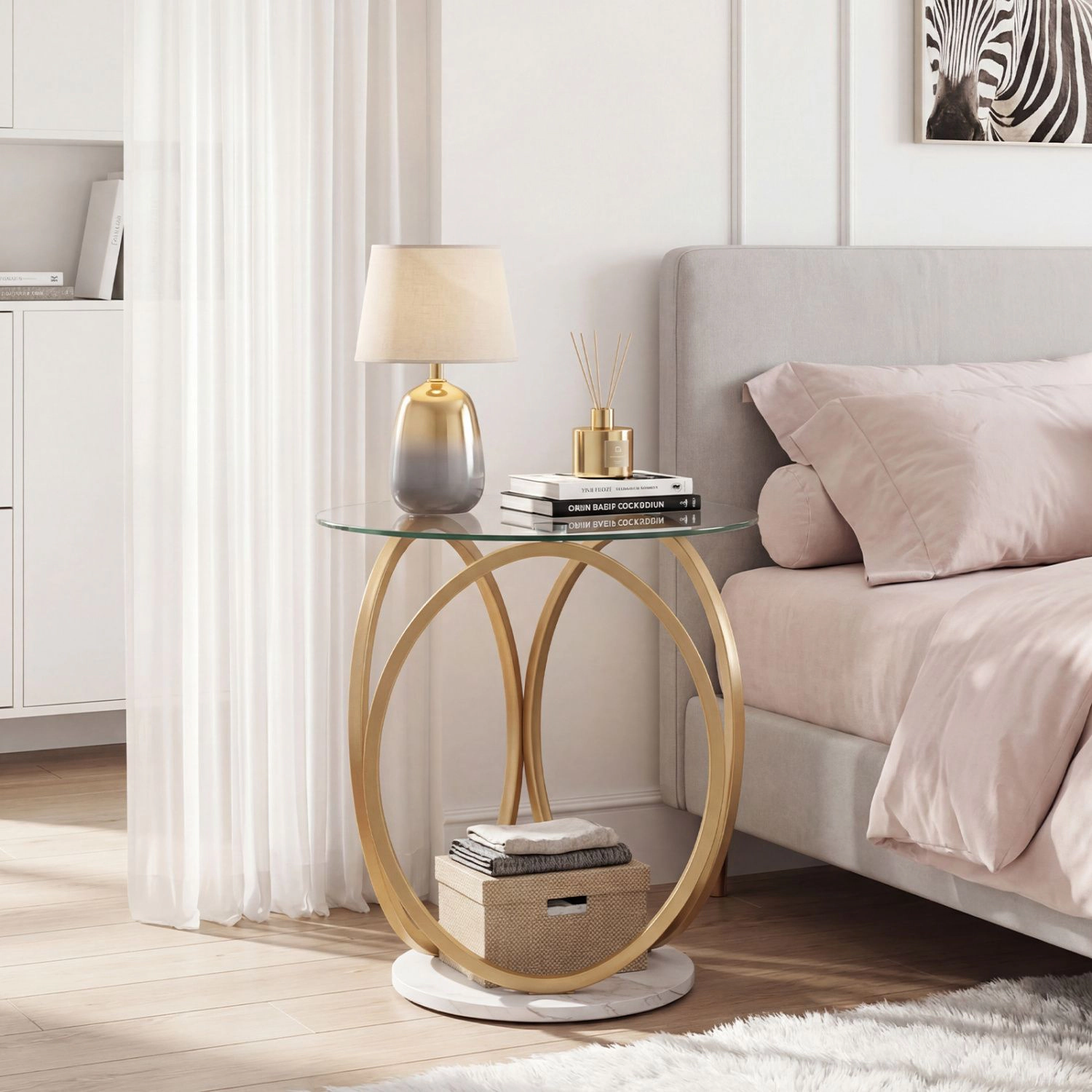 SlickBlue Tempered Glass Nightstand with Gold Metal Frame