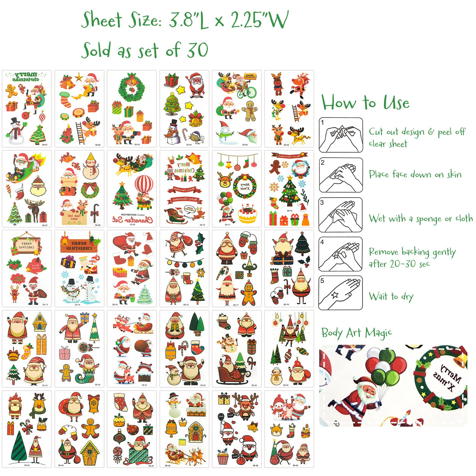 Wrapables Waterproof Temporary Tattoos, Birthday Party Favors and Supplies, Goodie Bag Fillers, 30 Sheets Christmas