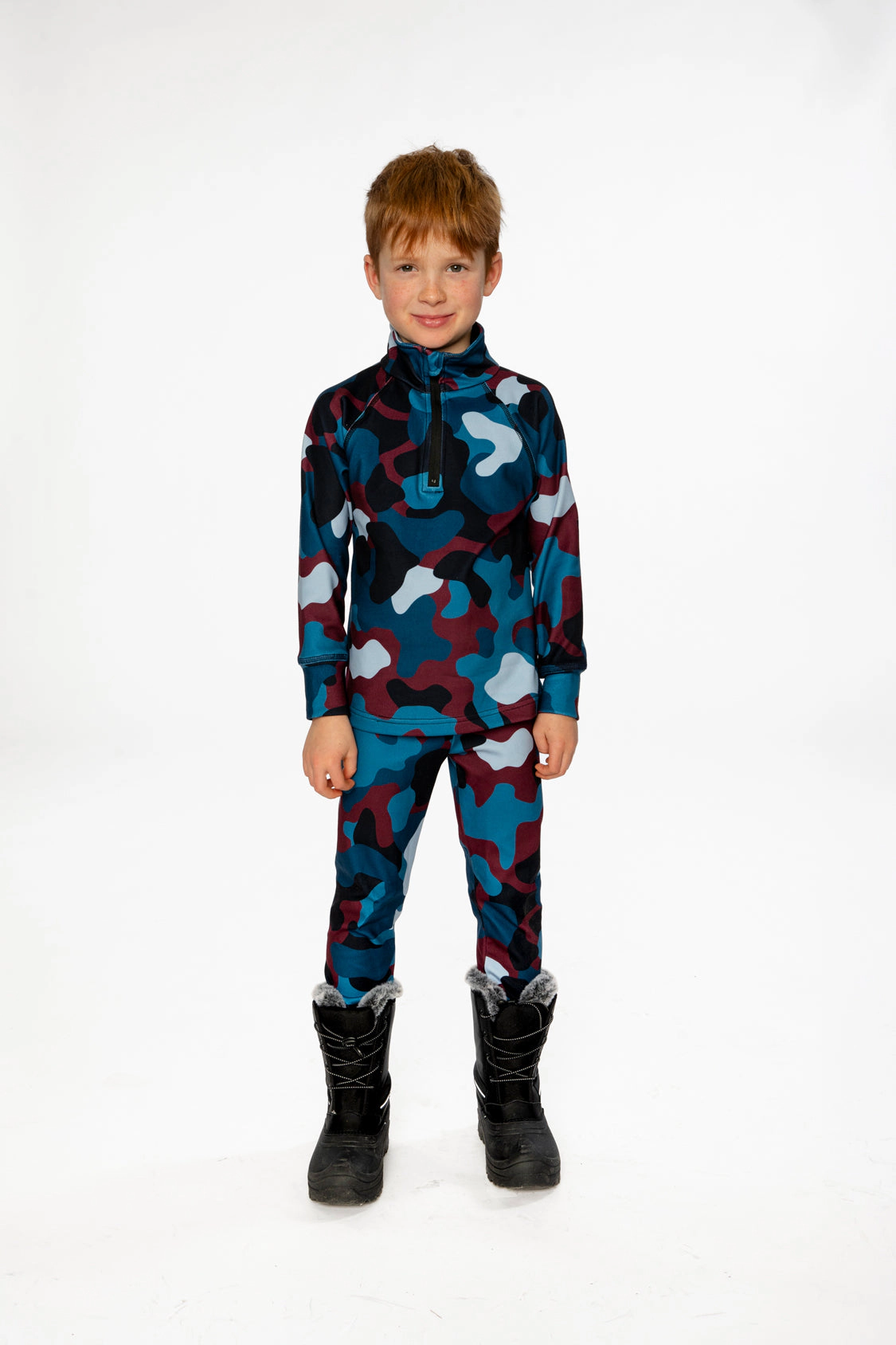 Deux par Deux Boys Two Piece Camouflage Print Half-Zip Thermal Underwear Top and Pants Set