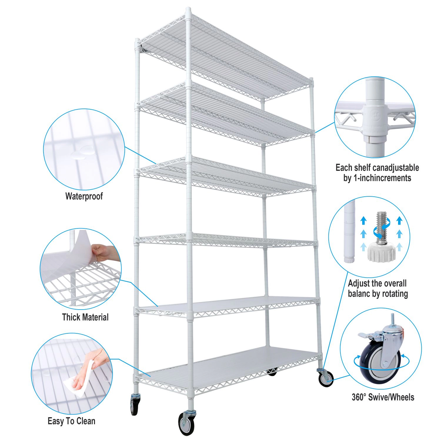 Flynama 6 Tier Wire Shelving 6000lbs 84H x 48L x 20D in NSF with Wheels and Liners for Commercial Utility in White
