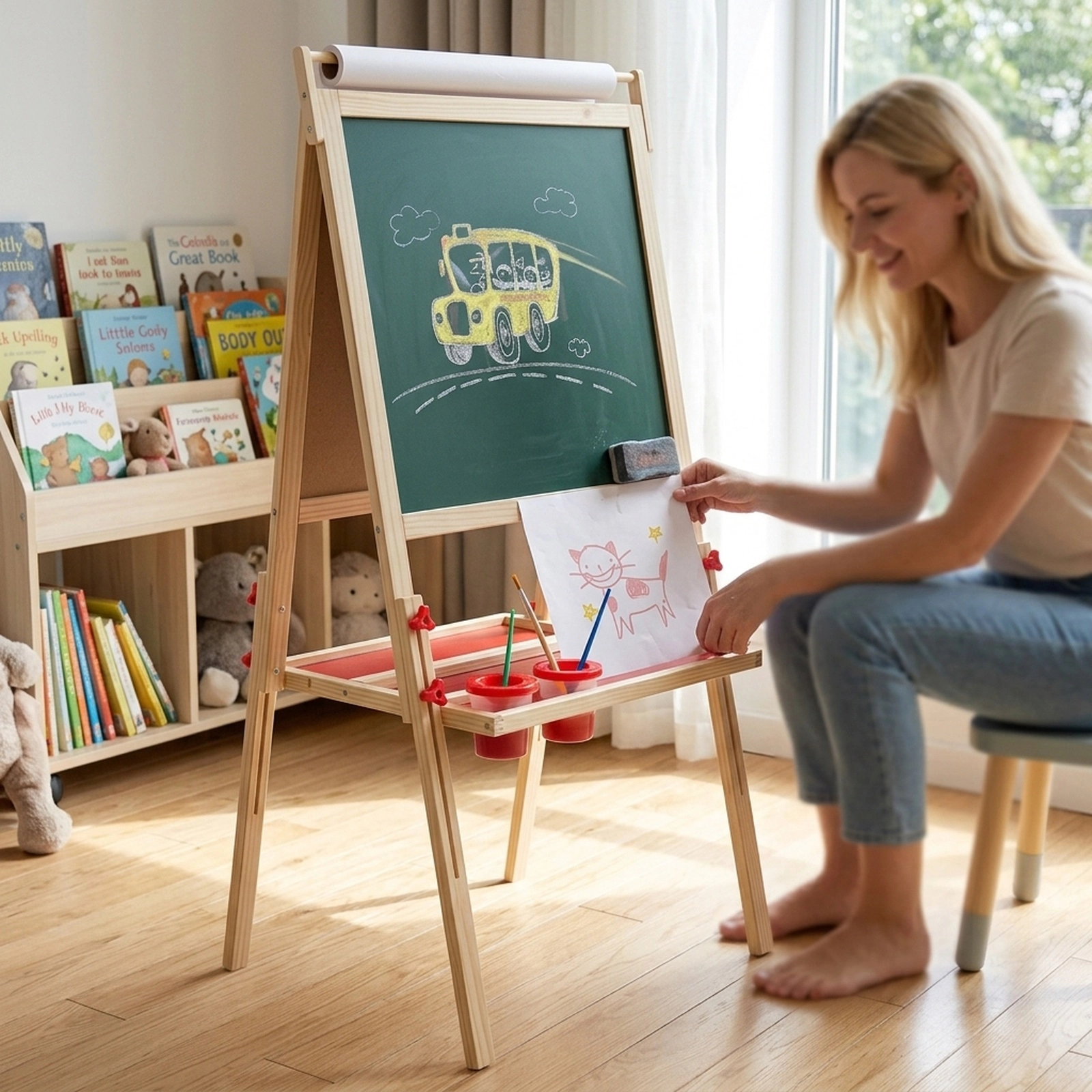 Height Adjustable Double-Sided Toddler Art Easel Kids 3 to 10 with 4 Paint Cups 19.5-in Board 17.5-in Paper Roll