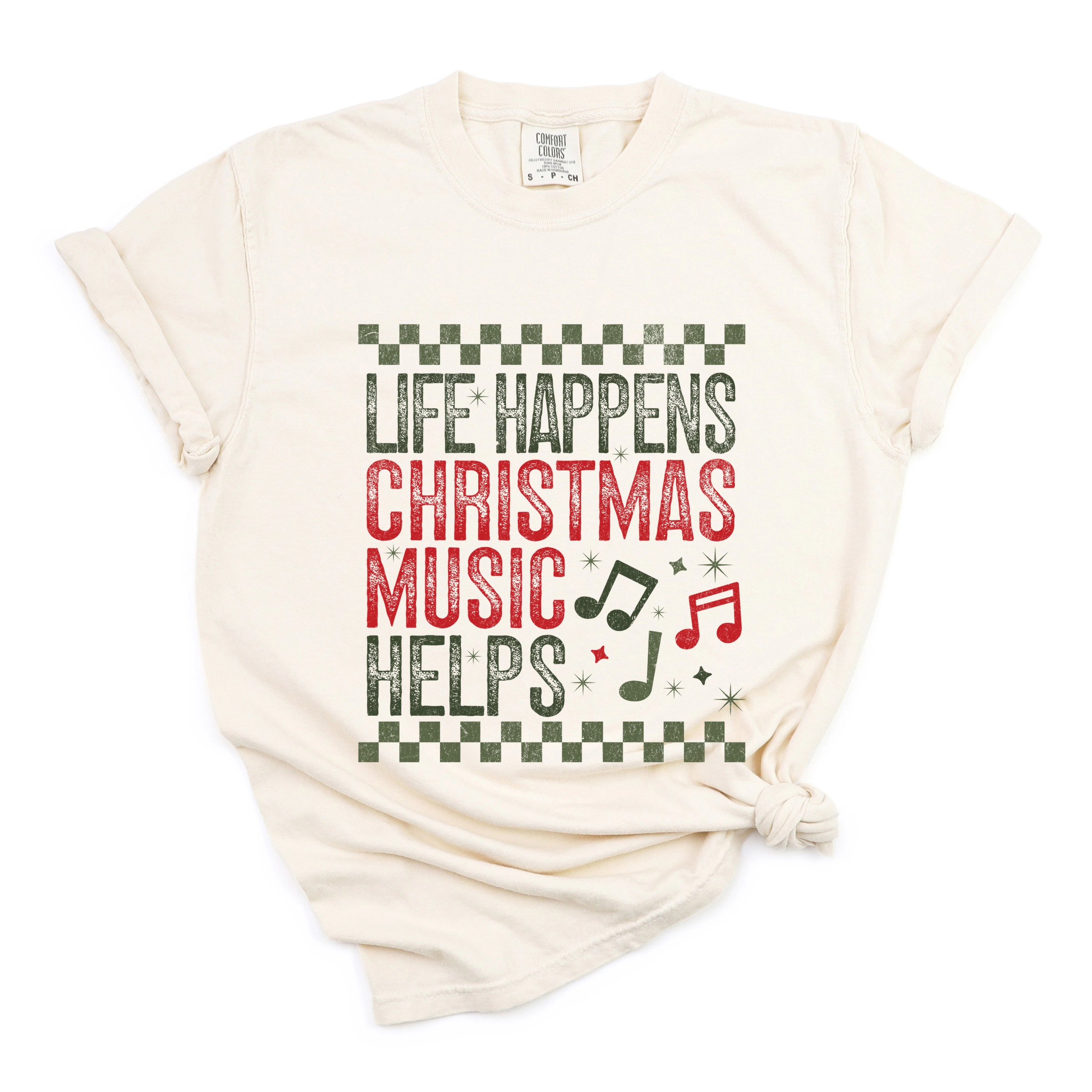 Simply Sage Market - Women's Garment Dyed Graphic T-Shirt Christmas Music Helps Checkered