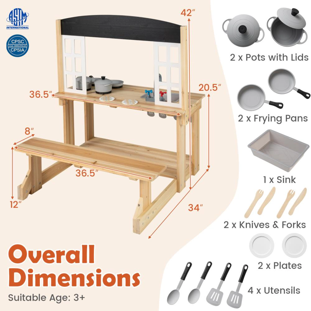 Hivvago Wooden Pretend Play Kitchen with Bench and Cooking Accessories