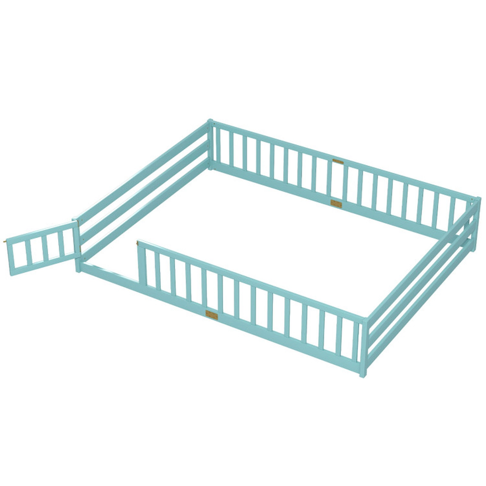 SUGIFT Turquoise Full-Length Guardrails and Lockable Door Queen Kids Montessori Floor Bed Frame