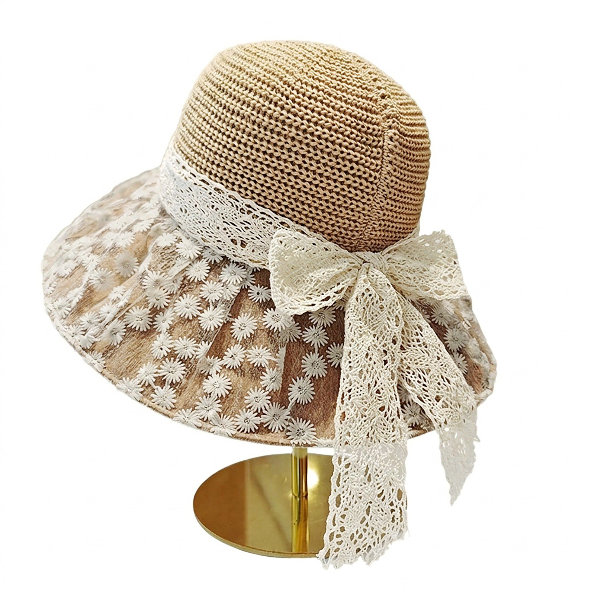 Anna-Kaci Women's Crochet Sun Hat with Lace Bow Accent and Embroidered Sheer Wide Brim - MauvePink