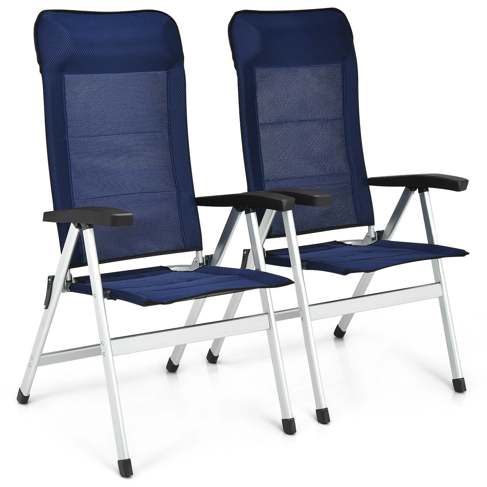 SUGIFT Adjustable Headrest Set of 2 Navy Folding Patio Reclining Chairs 7-Level Backrest