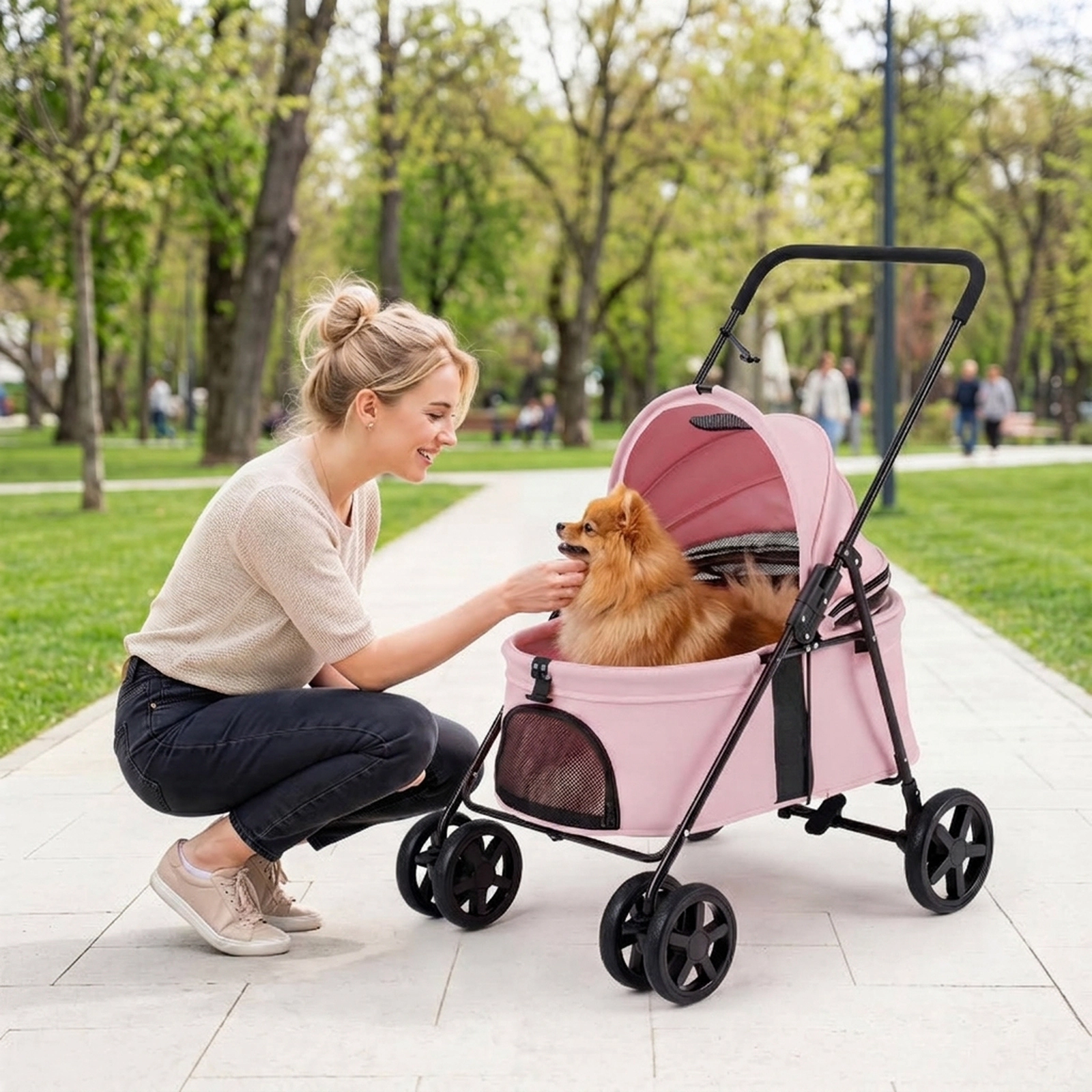 SUGIFT 31.5 x 39.5-in 33-lb Capacity Pink Foldable Pet Cat Dog Stroller with One-Step Rear Brake and Canopy