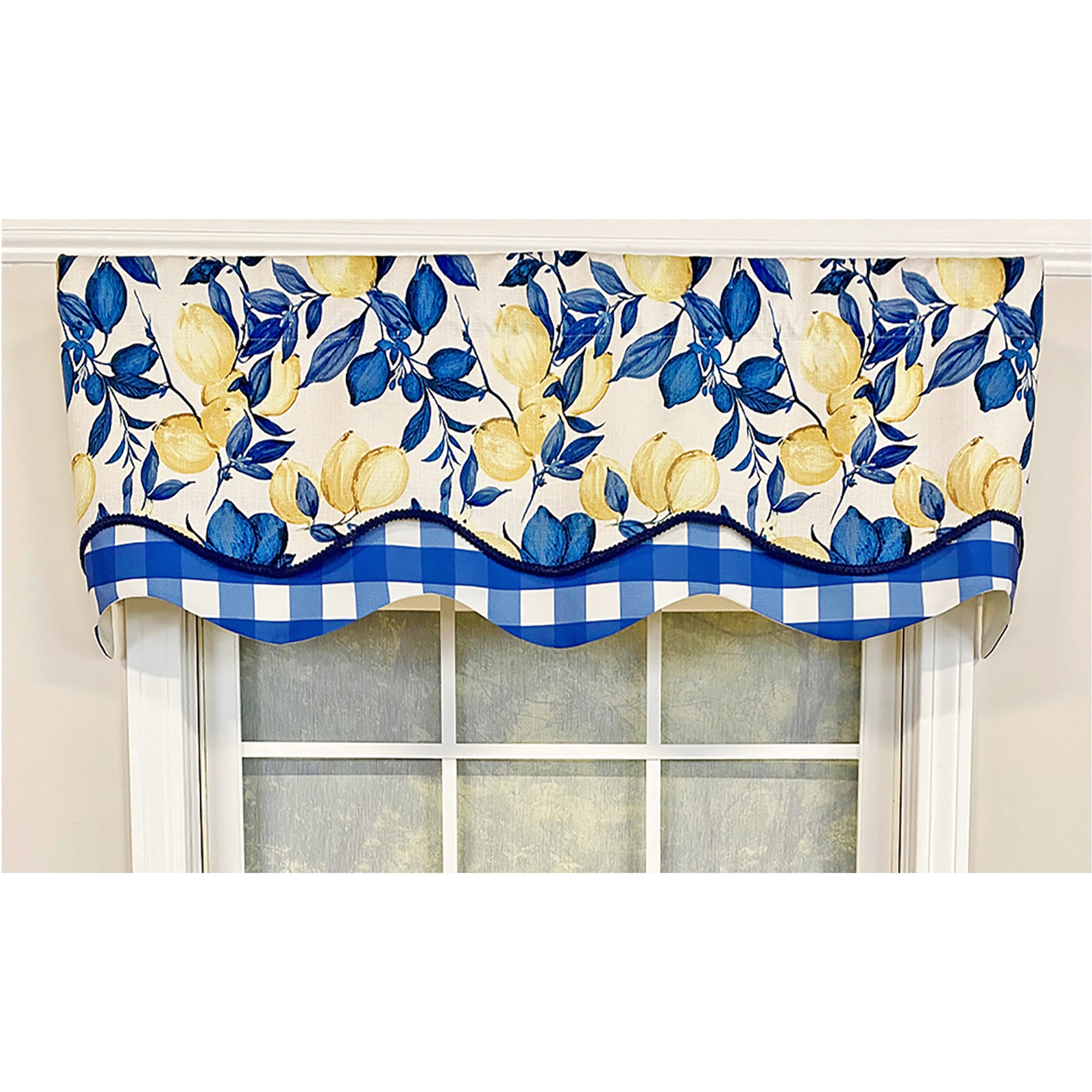RLF Home El Limon Glory Valance Blue. 3" Rod Pocket, Layered, Trimmed. 50"W X 16"L