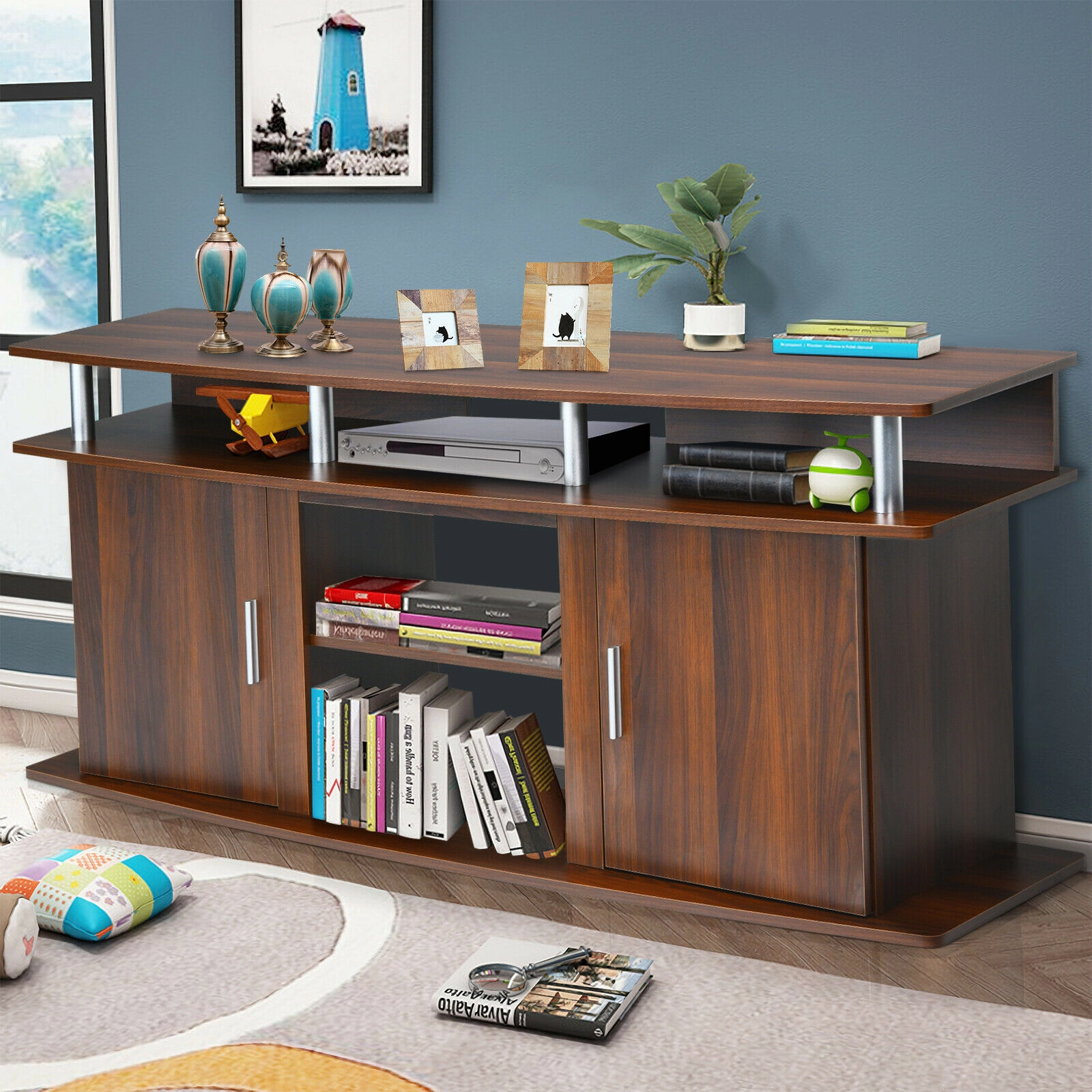 Glintex 63-Inch TV Console with Aluminum Tube Frame and Fireplace Bay, Walnut