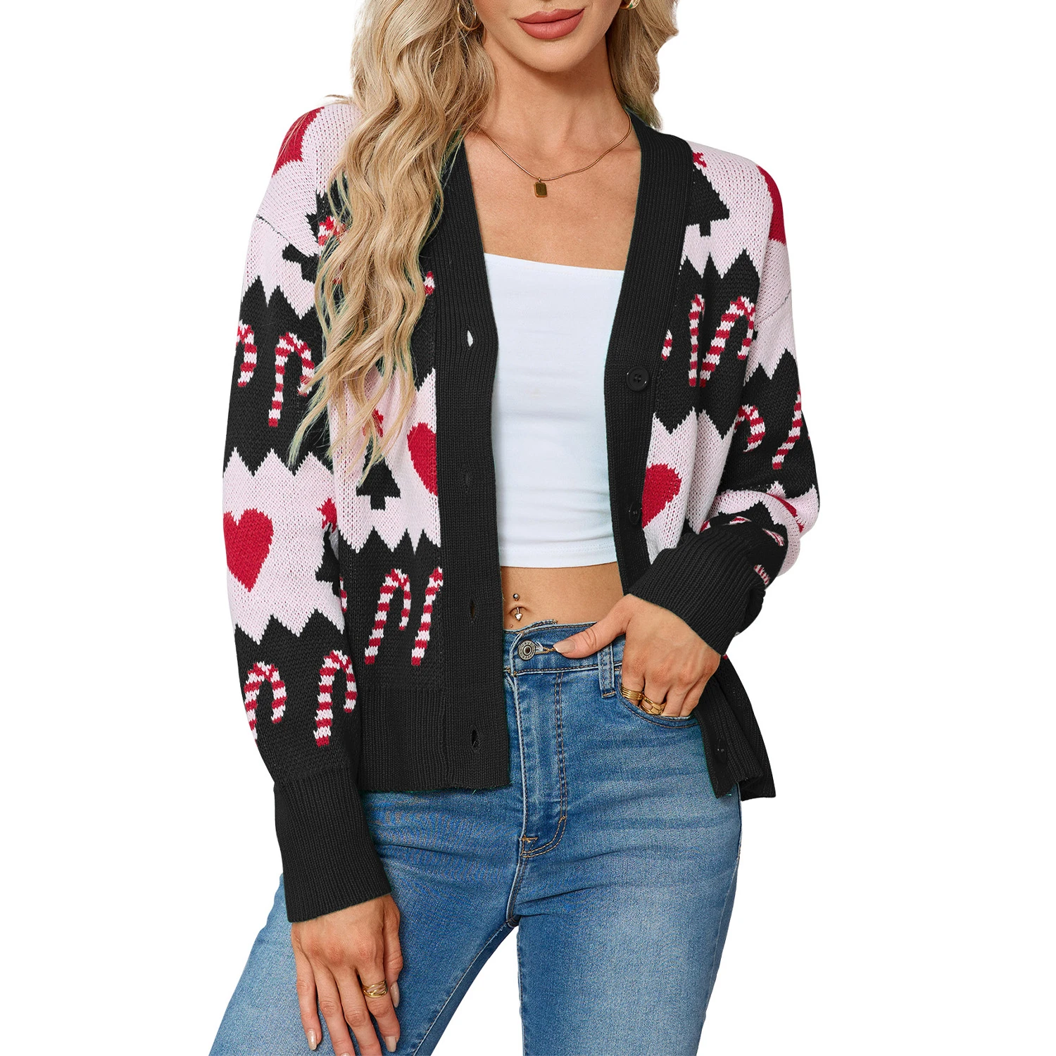 YesFashion Women's Christmas Cardigans V Neck Button Down Long Sleeve Party Ugly Holiday Sweaters