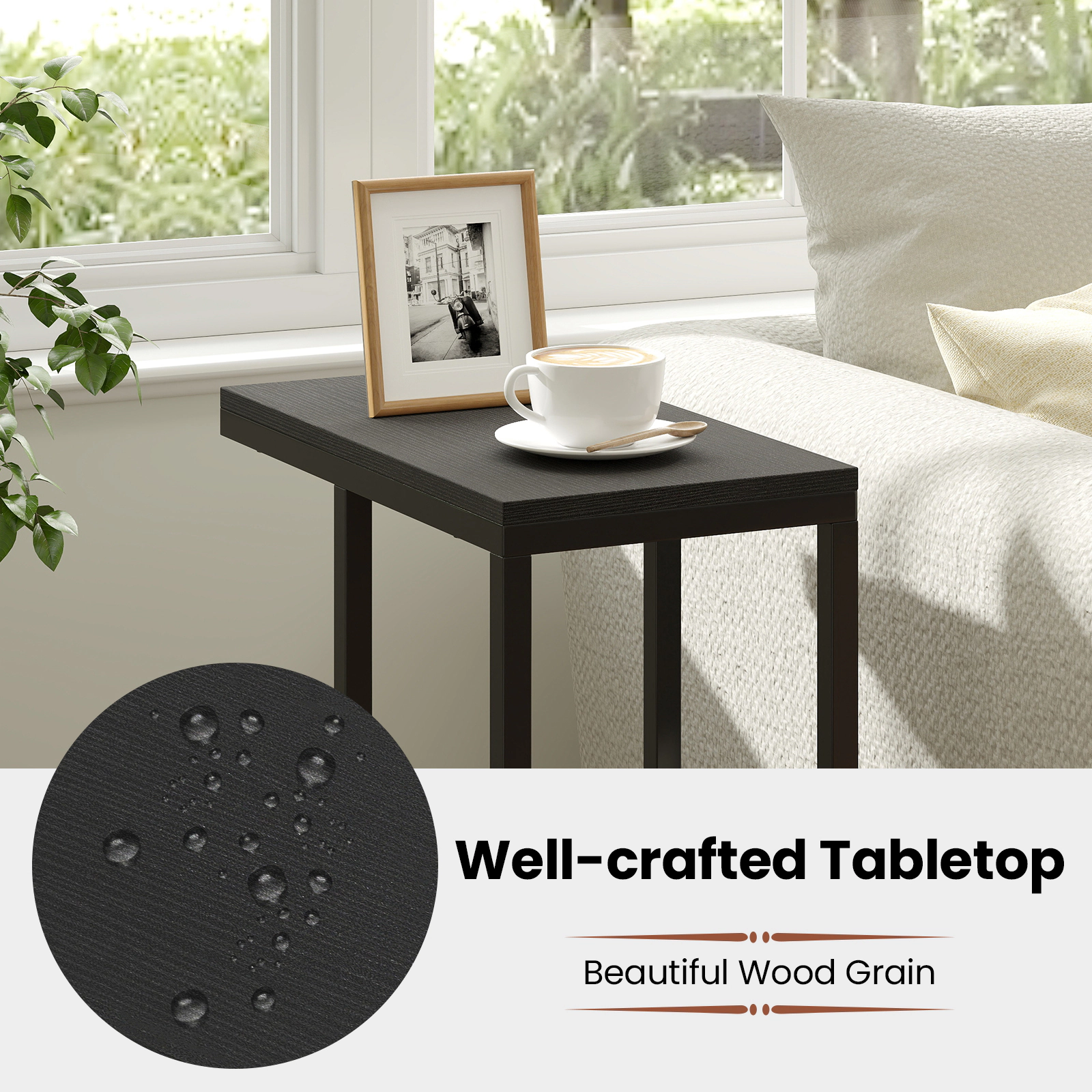 Glintex C-Shaped Side Table with Heavy-Duty Metal Frame and Wood Grain Top