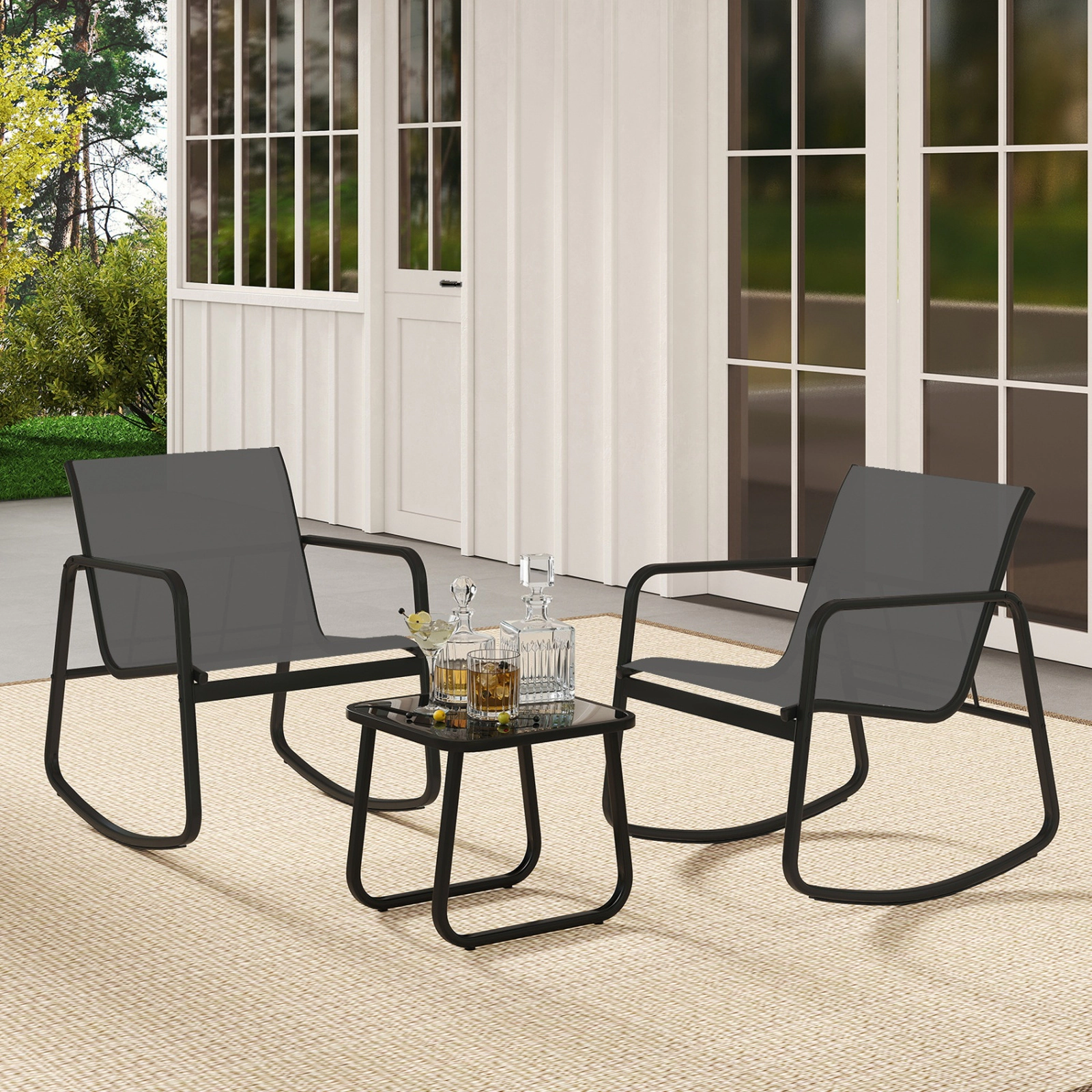 SUGIFT 3-Piece Gray Mesh Patio Rocking Chair Set with Two Rockers and 17-Inch Tempered Glass Table
