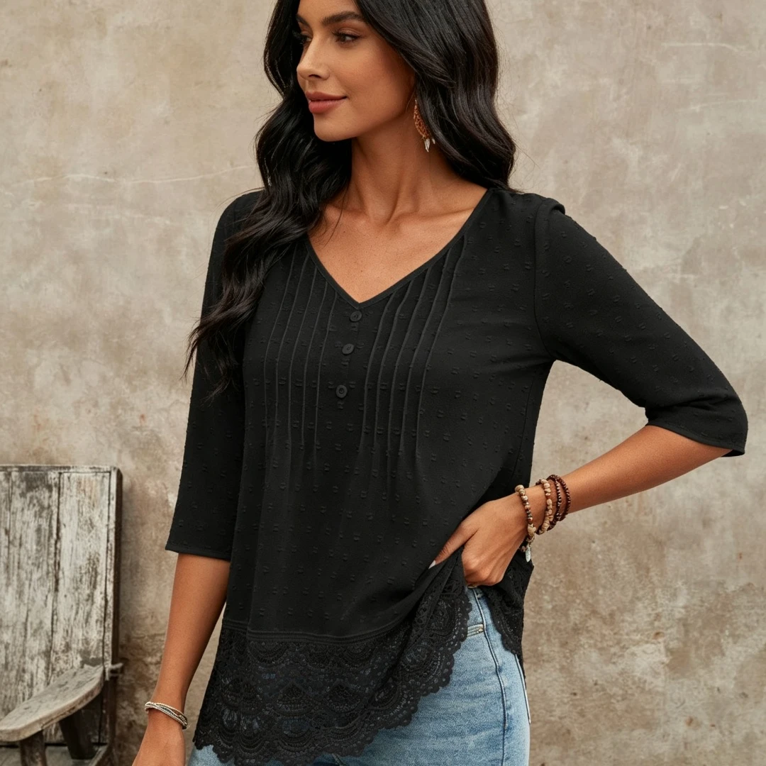 Coolmee Women 3/4 Sleeve Tops Dressy Casual Pleated Front Lace Hem Blouses V Neck Summer Shirts
