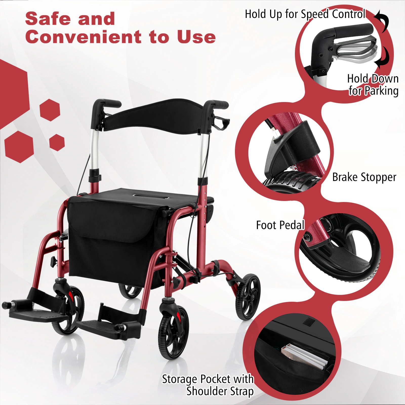 SUGIFT 2-in-1 Adjustable Handle Rollator Walker and Wheelchair 300-Lb Capacity 33.5-38.5-in Adjustable Height Red