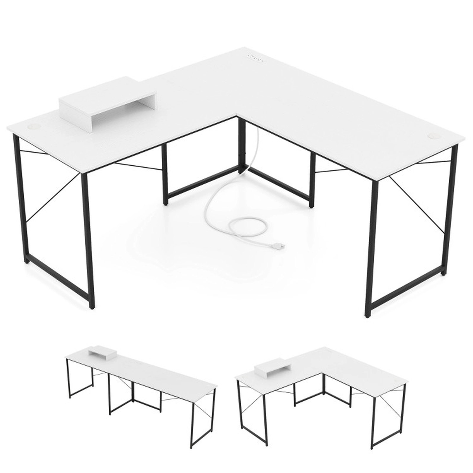 SUGIFT 2-Form L-Shaped Computer Desk with Monitor Shelf 253-lb Capacity White Rustic Brown Black Gray Natural Brown
