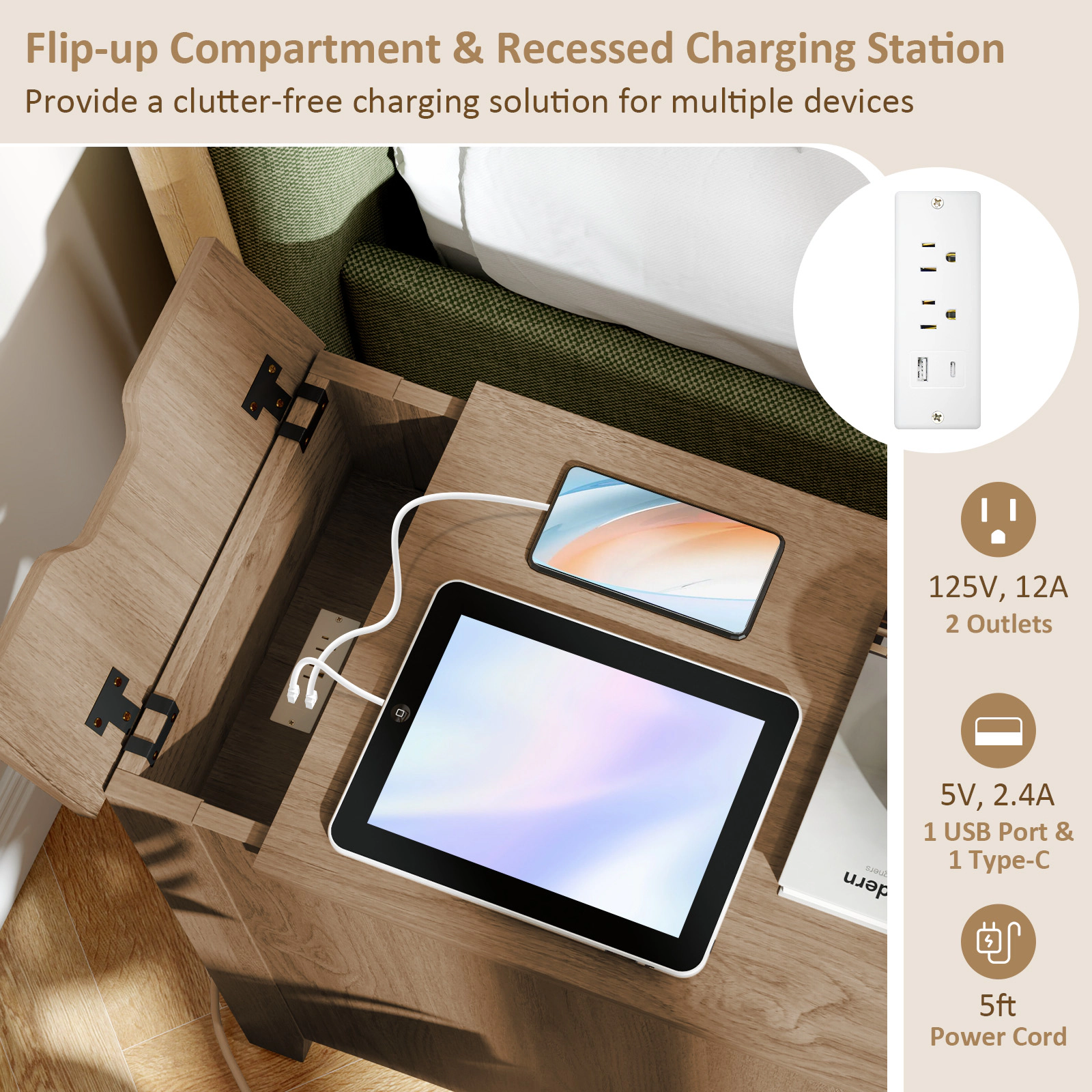 Hivvago Modern End Table with Power Outlets, USB Charging Ports, and Flip-Top Compartment
