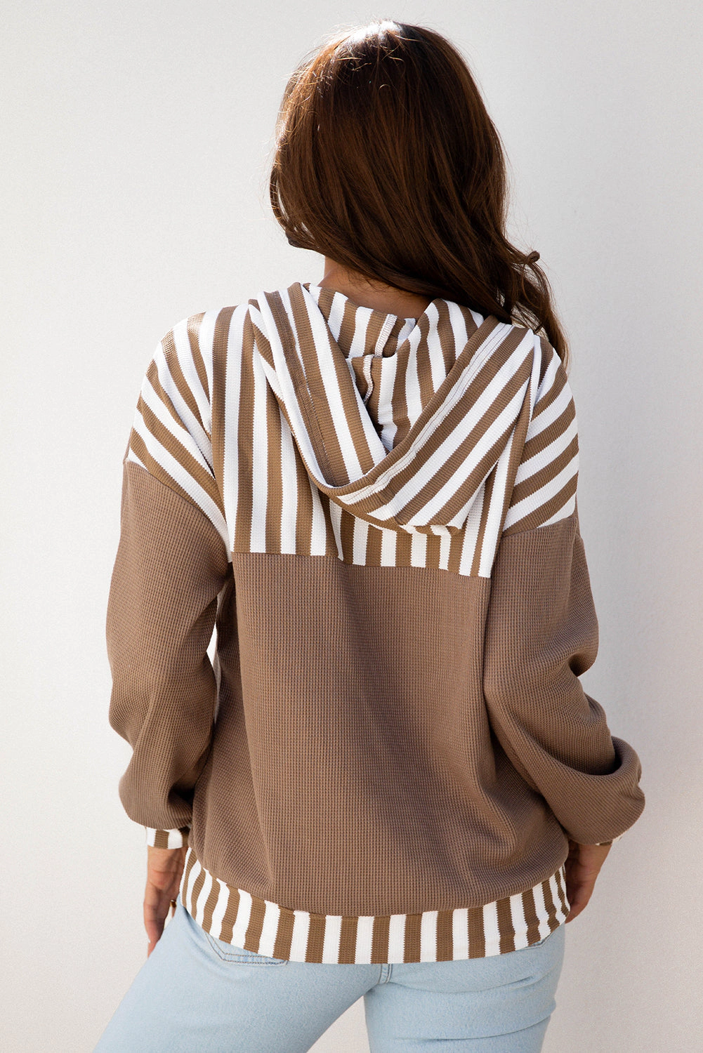 Threaded Pear Women's Tilly Striped Patchwork Drawstring Hoodie