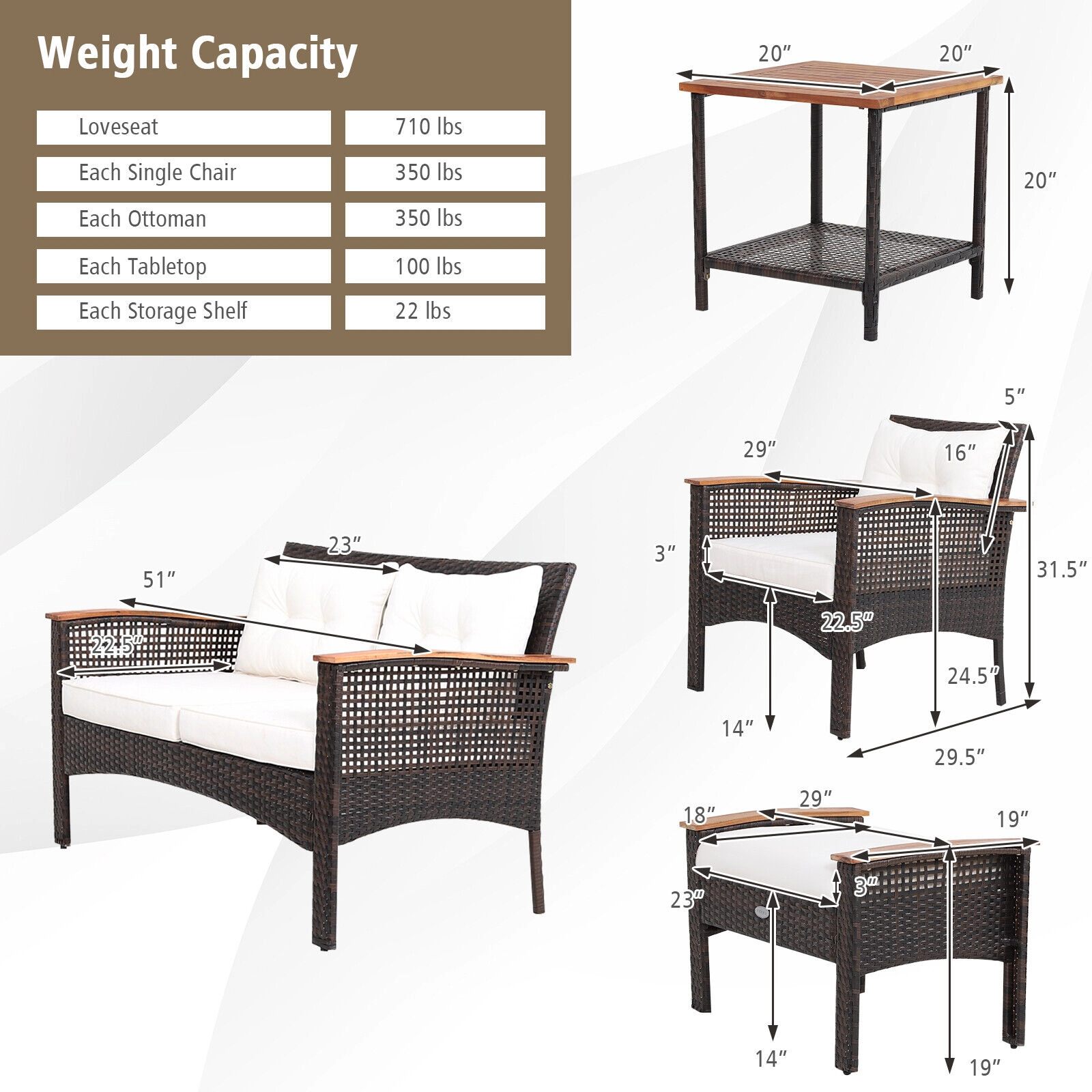 LJG 7 Pieces Patio Rattan Cushioned Conversation Furniture Set