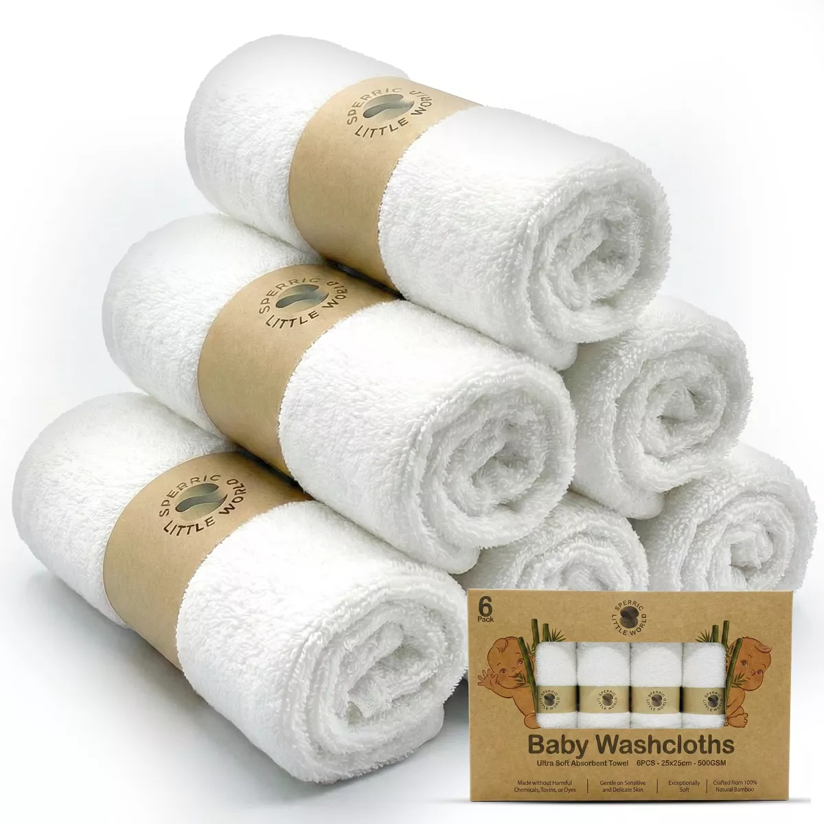 Sperric Organic Baby Washcloths, 10x10" Ultra Soft Absorbent Face Wash Cloths for Babies, Newborn Bath Towels 6 Pk
