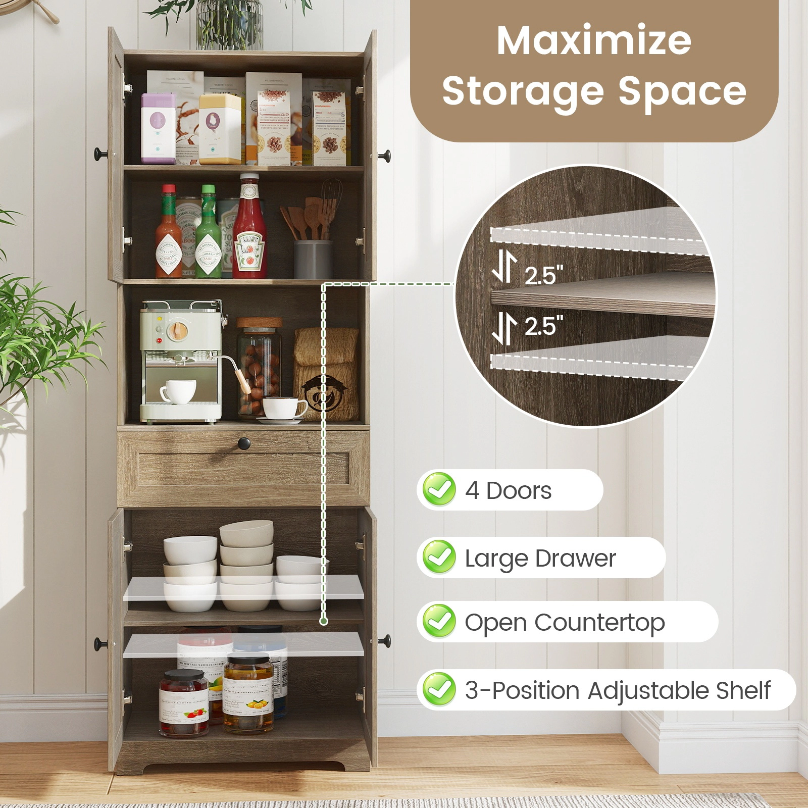 Glintex 67.5-Inch Tall Storage Cabinet with 4 Doors and Open Display Bay