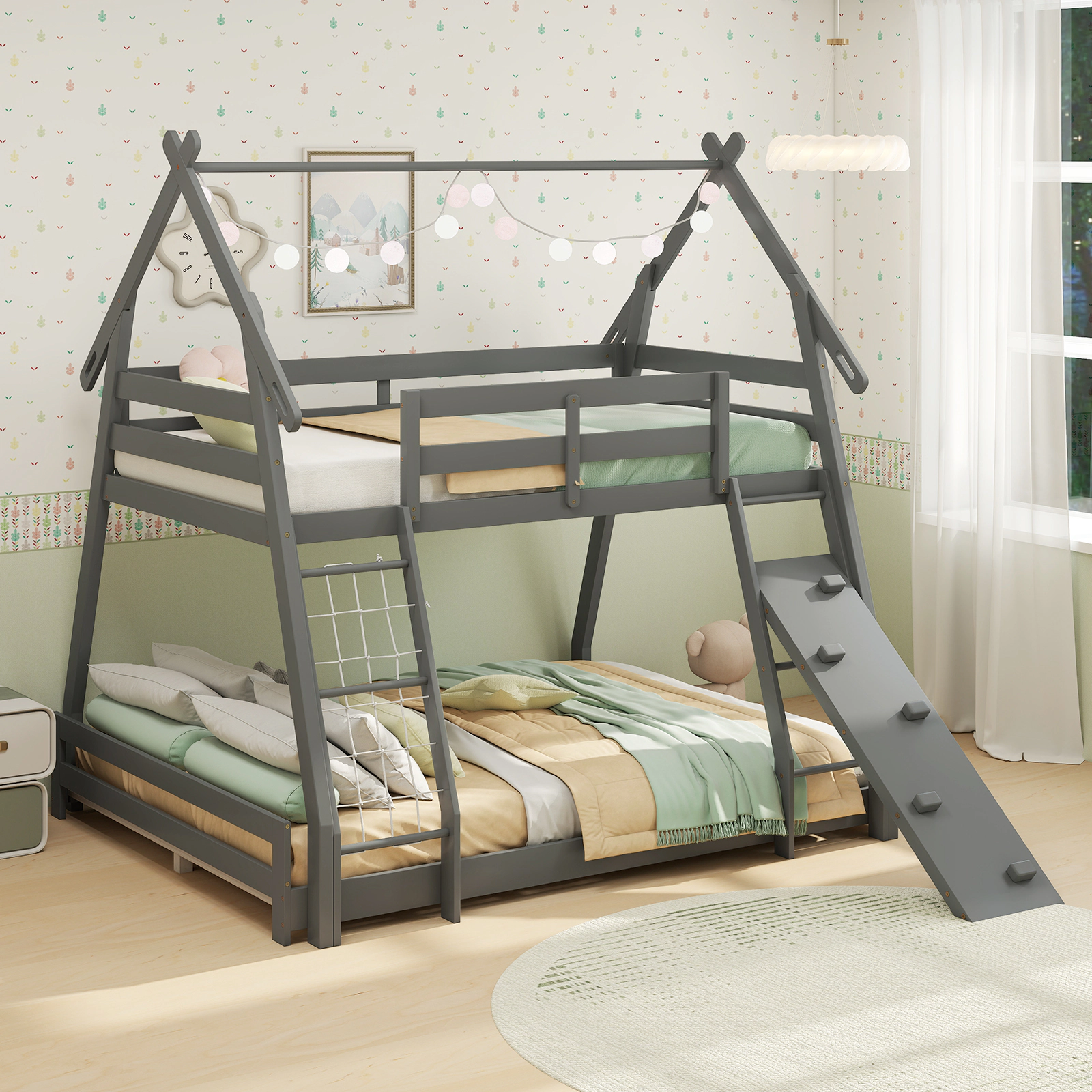 SUGIFT Twin Over Queen 440-lb Capacity Gray Pine Wood Kids Bunk Bed with Climbing Net Ramp and Guardrails