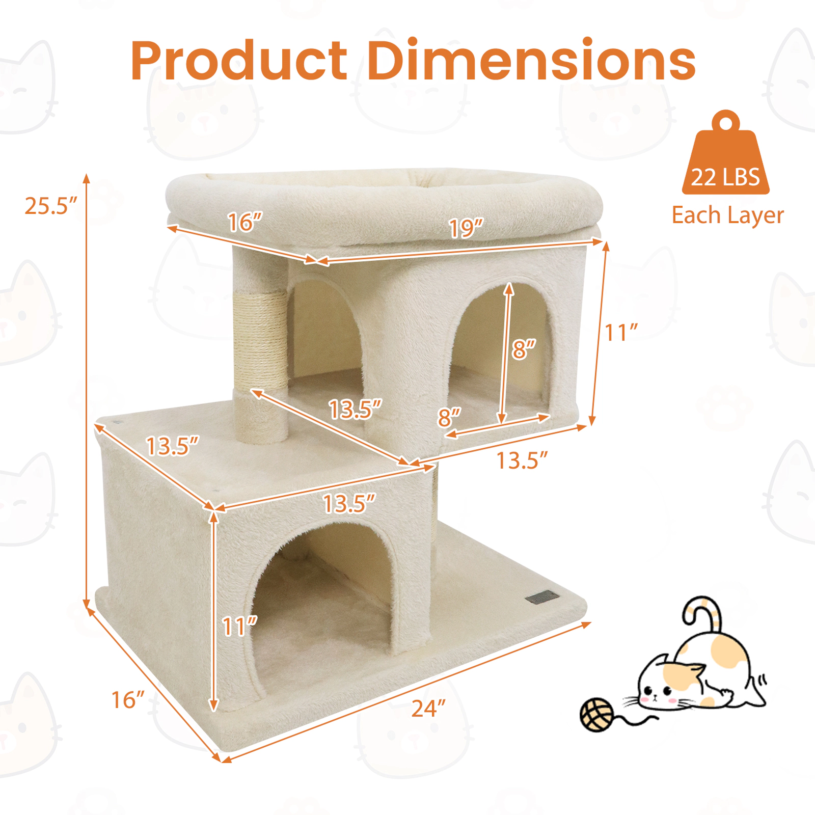 SUGIFT Space-Saving Cat Tree Tower with Upholstered Perch and 2 Cat Condos 24-in Frame 22-lb Capacity Beige