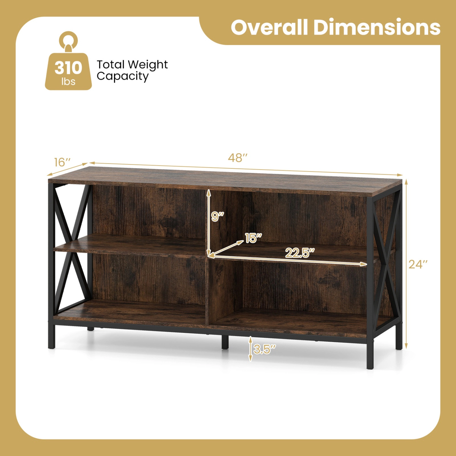 SUGIFT Wooden TV Stand Entertainment for TVs up to 55 Inch with X-Shaped Frame 310-lb Capacity Rustic Brown