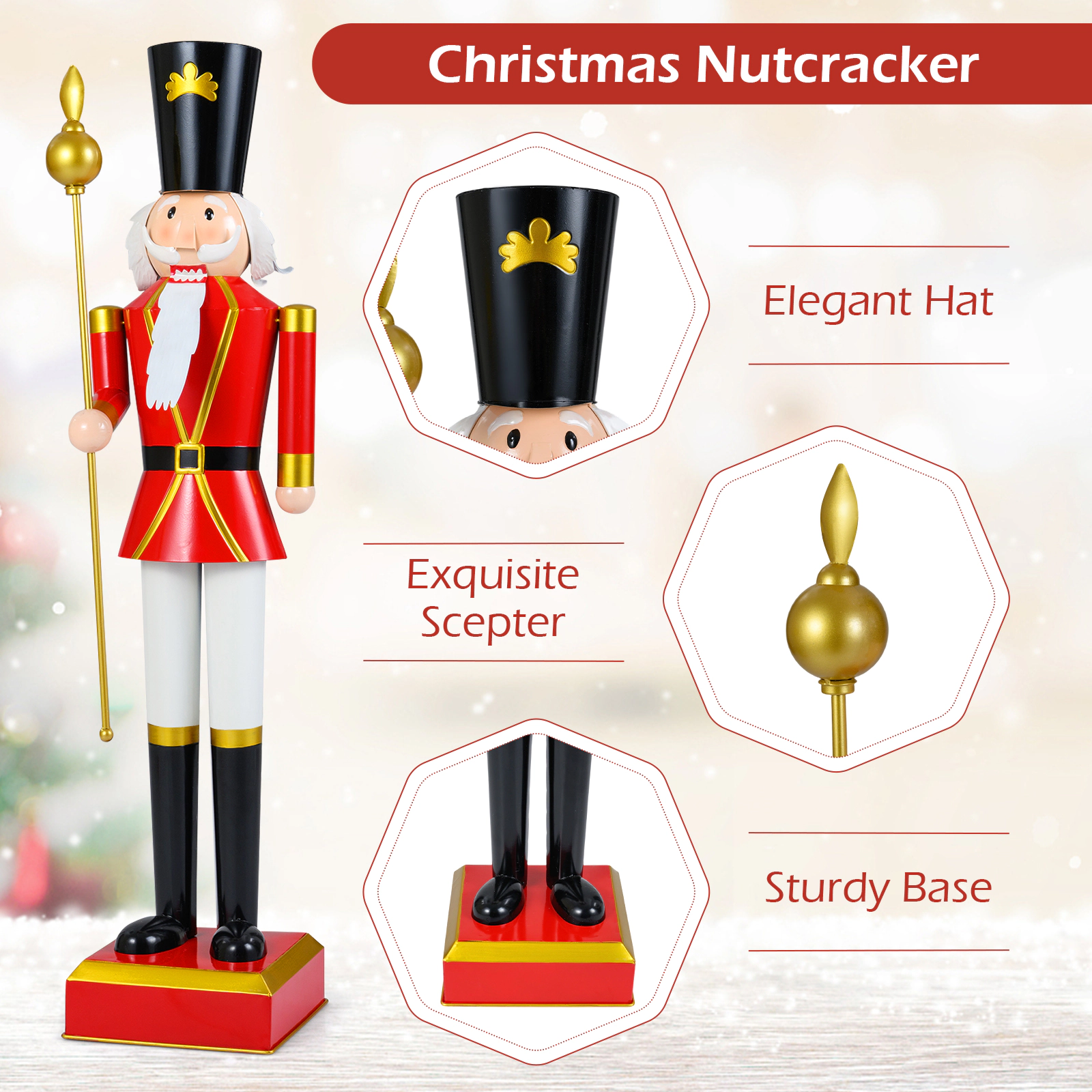 SUGIFT 4-ft Christmas Nutcracker with High Hat and Scepter Holiday Decor Figure Red Black Golden