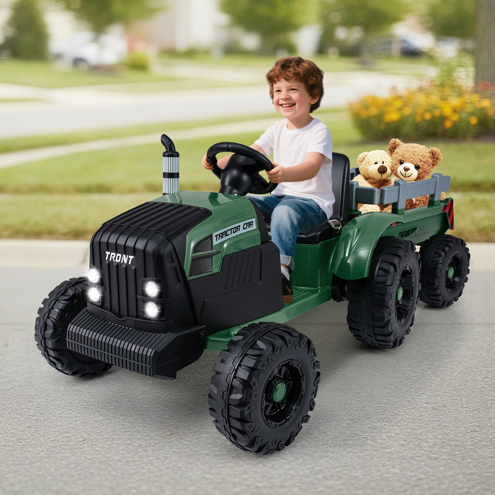SUGIFT 24V Electric Ride On Tractor Detachable Trailer & Remote Control 77-lb Capacity Ages 3-8 Dark Green 60-in Vehicle