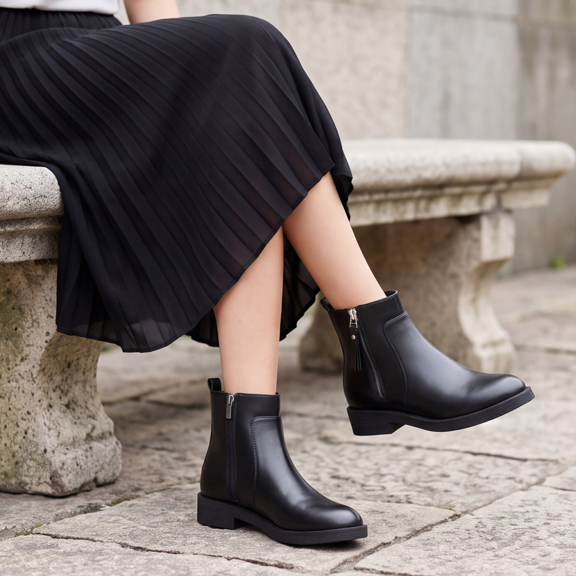 BLISSFUL STEP Women Faux Leather Round Toe Zipper Chunky Low Heel Ankle Boots