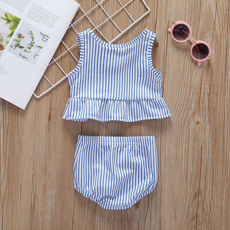 MyKids-USA Baby Girl Striped Graphic Ruffle Tops Combo Shorts One Pieces Swimsuit