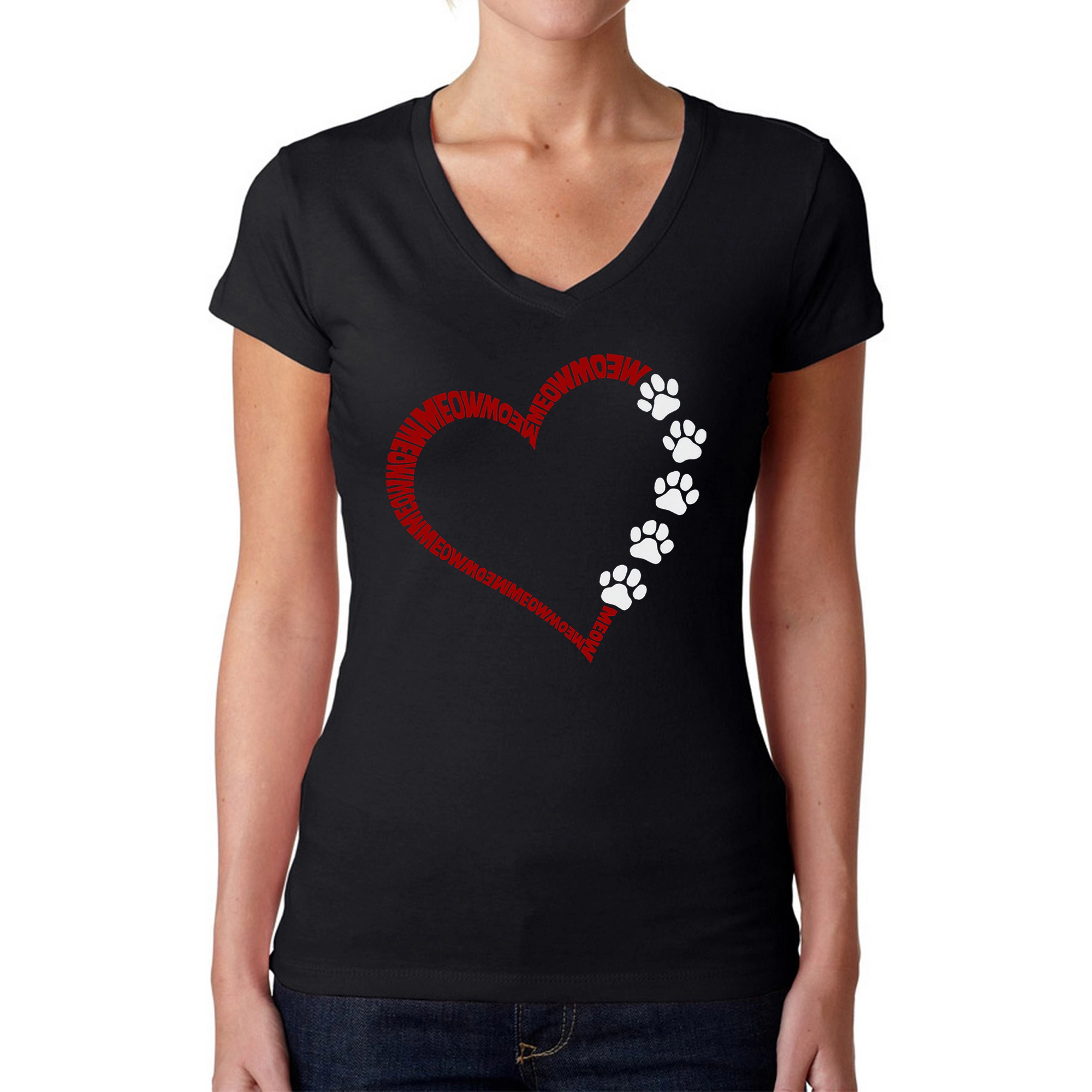 LA Pop Art Womens Word V-Neck T-Shirt - Meow Heart