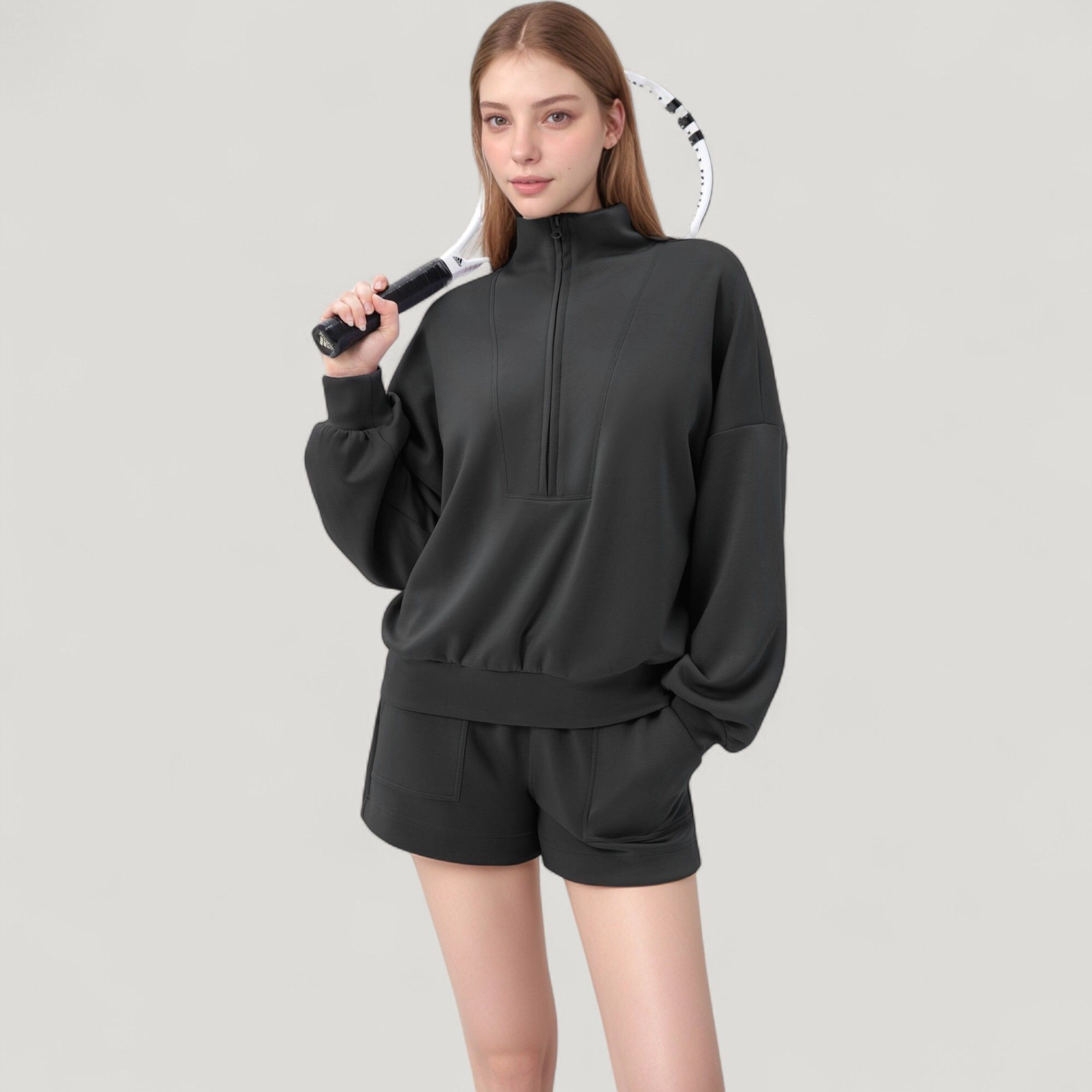 Anna-Kaci Women's Long Sleeve Woven Half-Zip Pullover Top with Stand Collar and Elastic Cuffs