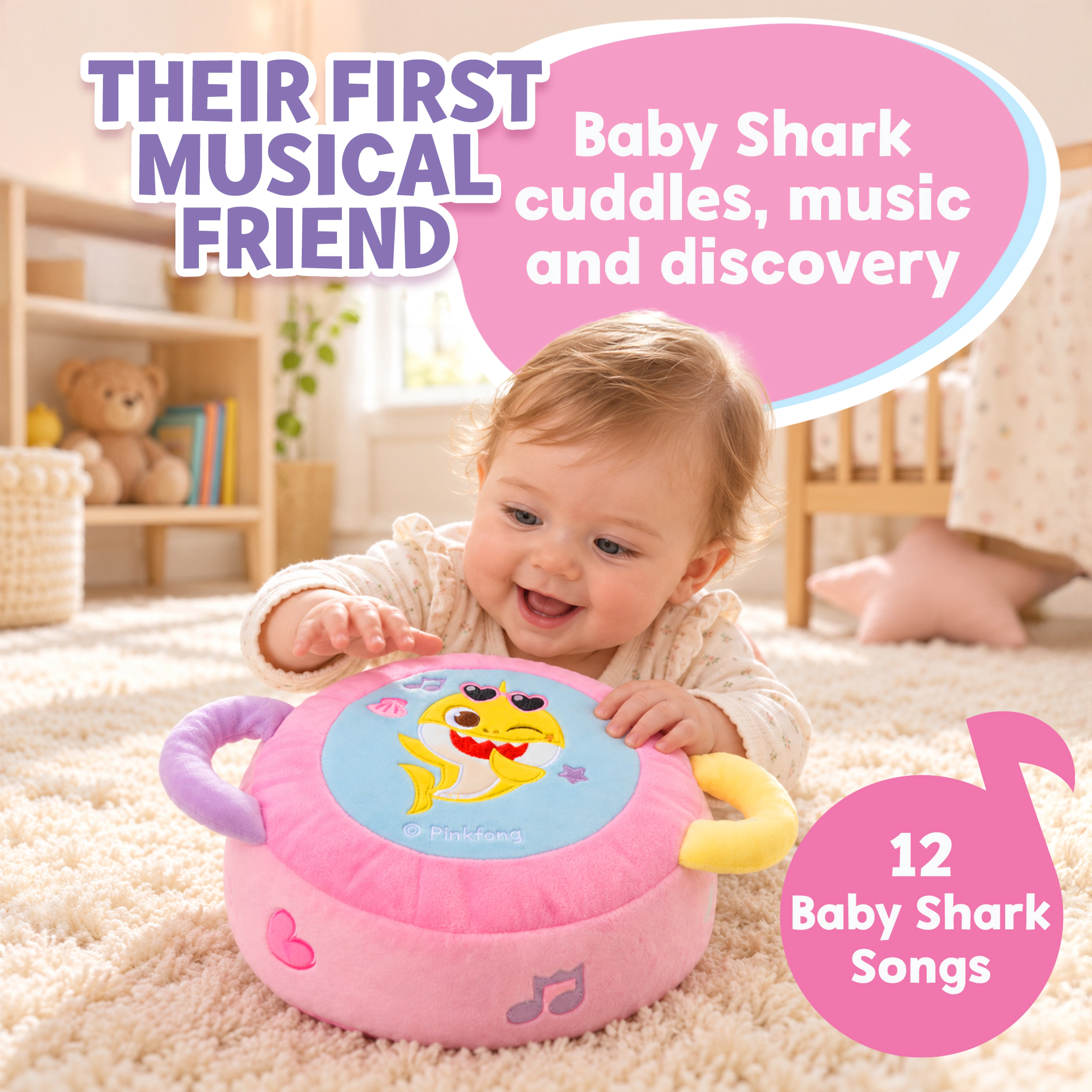 Pinkfong Kids Baby Shark Soft Musical Tap Drum Toy - Pink Plush Drum with Sing-Along Songs