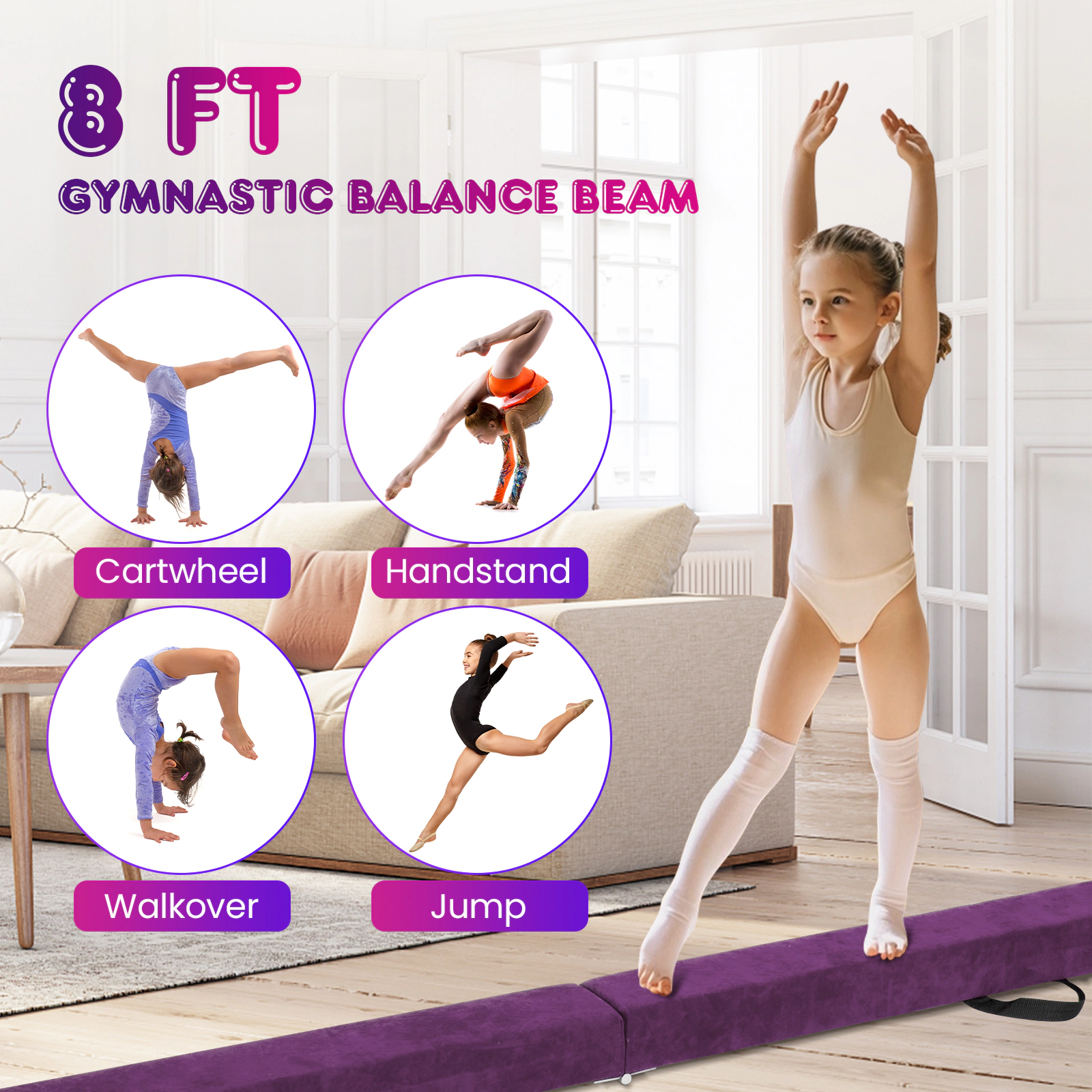 SUGIFT Kids Purple 8-ft Folding Balance Beam with Solid Pine Base and Anti-Slip Bottom 160-lb User Capacity