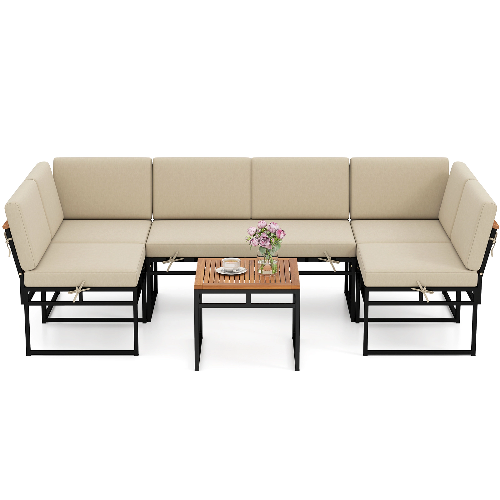 SUGIFT 6-Piece Beige Outdoor Patio Sectional Sofa Set, Acacia Wood Arms, Bungee Rope Seats