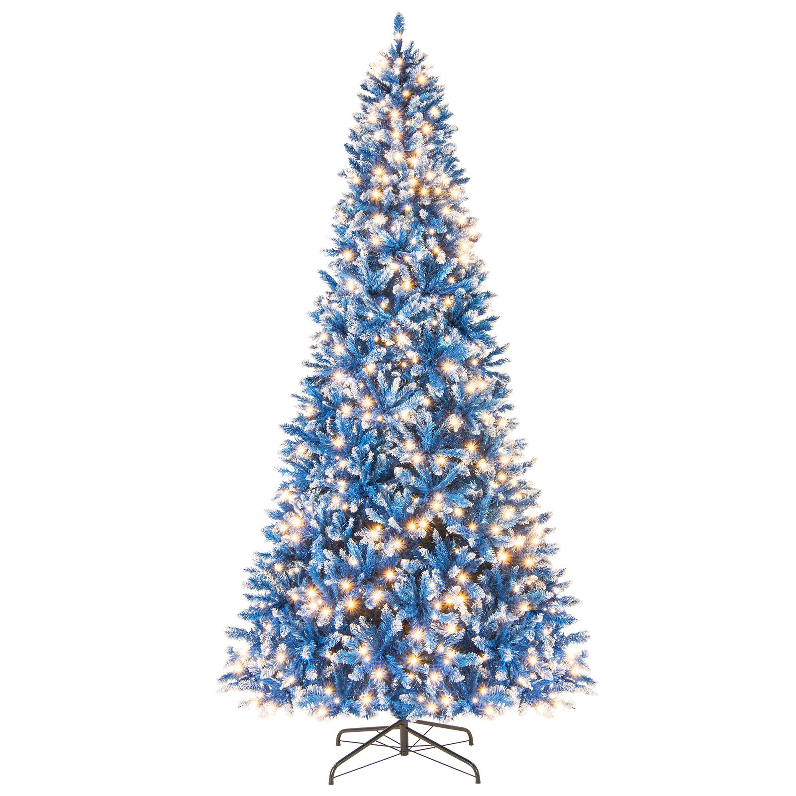 SlickBlue Blue Snow Flocked Christmas Tree with LED Lights and Metal Stand