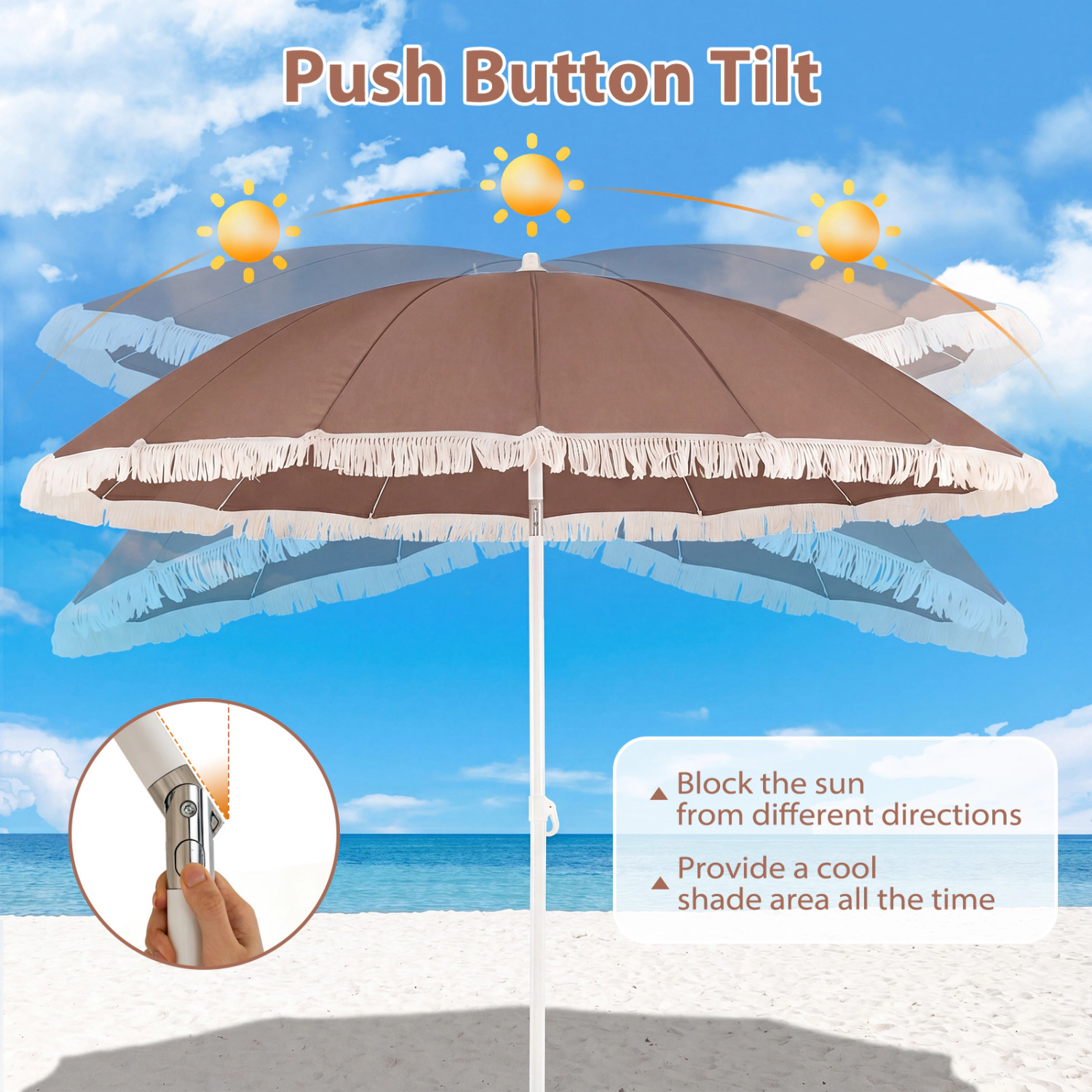 SlickBlue 7FT Outdoor Patio Umbrella with Tassel Fringe and Tilt Function