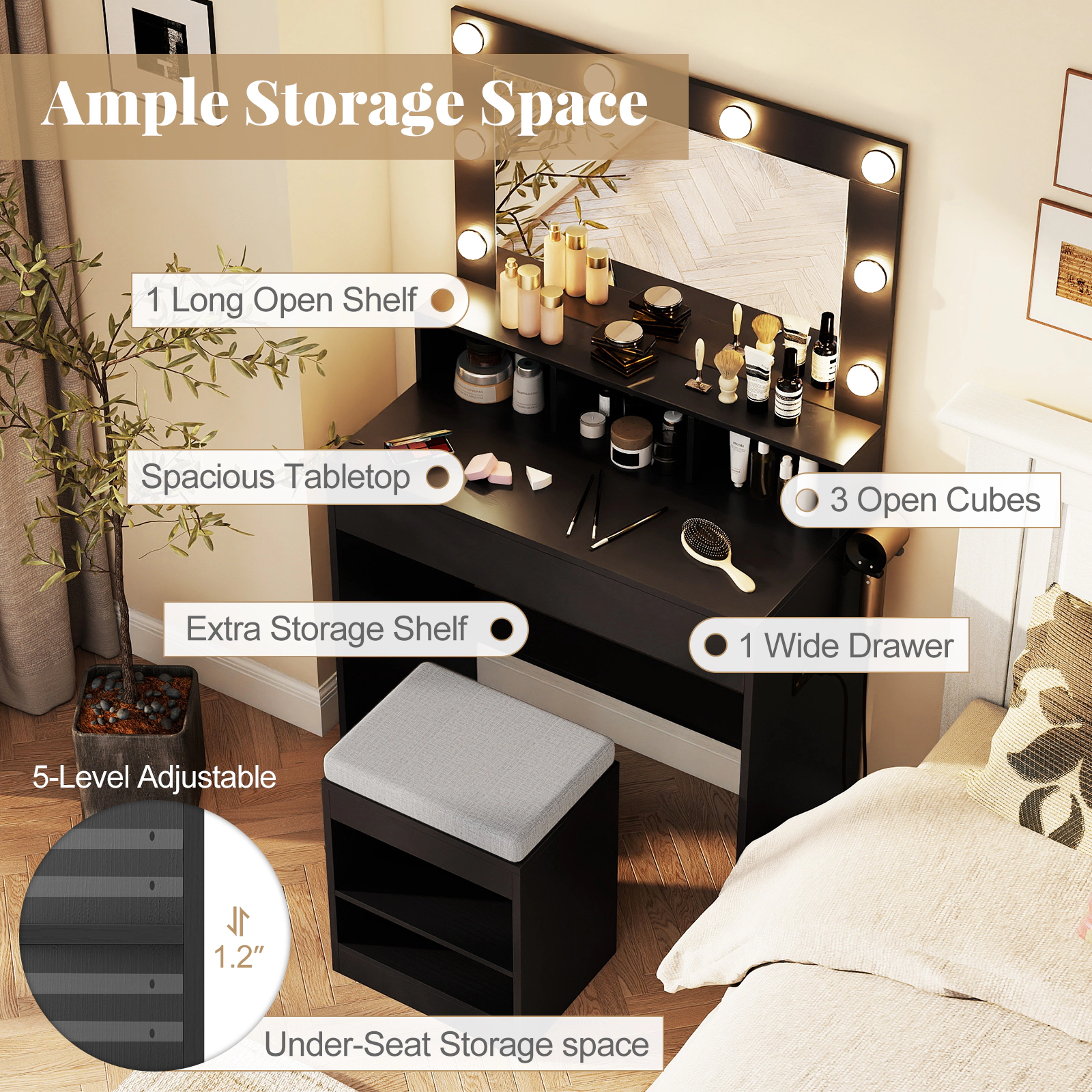 SUGIFT 2-Piece Vanity Set with Lighted Mirror, Storage Stool and Charging Station