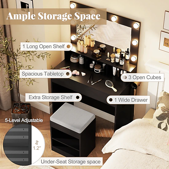 SUGIFT 2-Piece Vanity Set with Lighted Mirror, Storage Stool and Charging Station