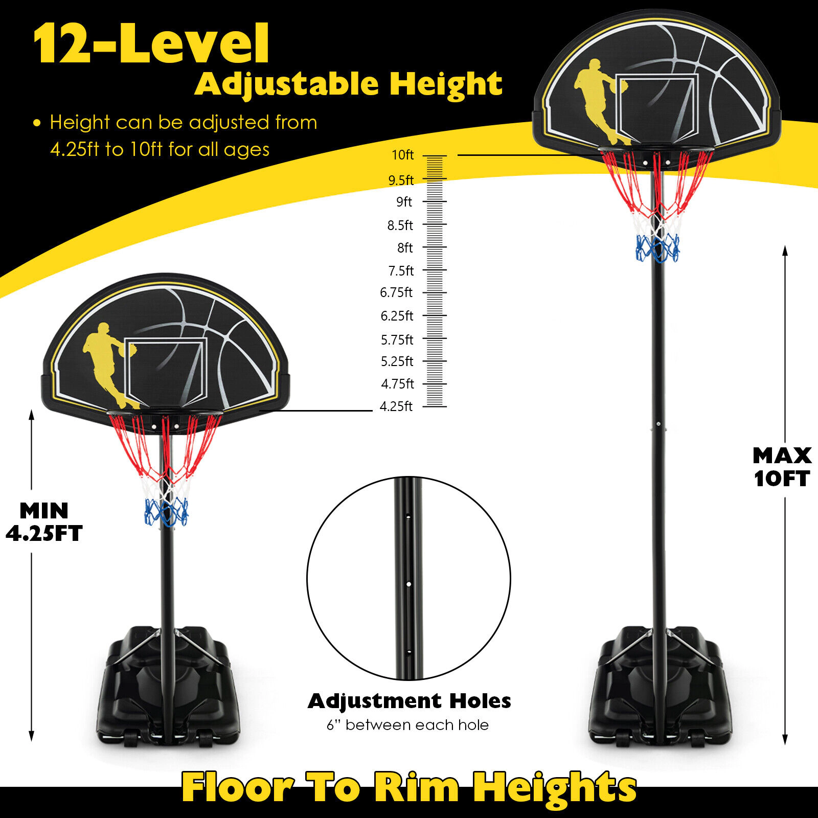 SUGIFT Adjustable Basketball Goal Hoop System 4.25-10 ft Height Range with 43.5-in Backboard and 18-in Rim Black