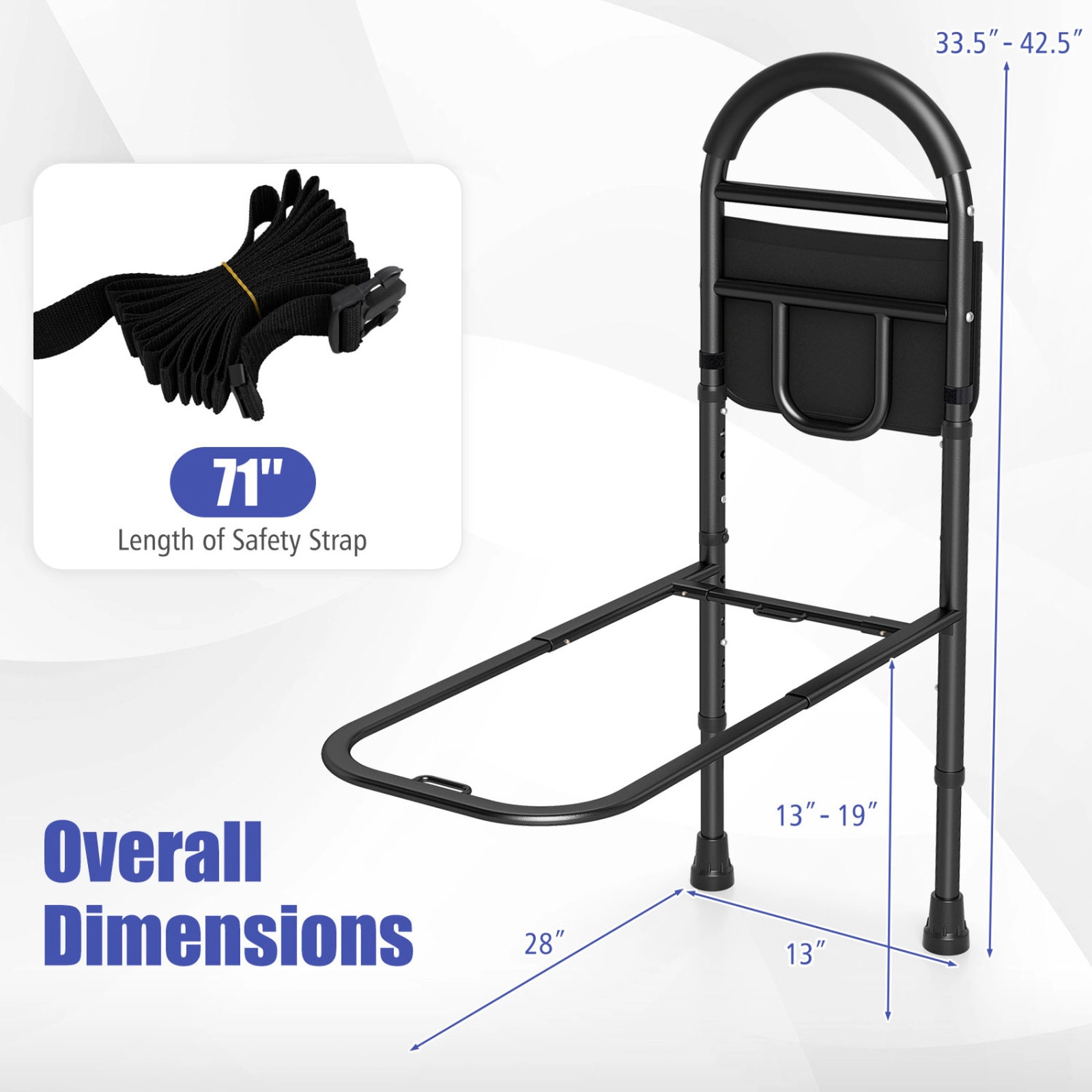 SUGIFT Height Adjustable Bed Assist Rail Storage Pocket 71-in Safety Strap 300-lb Capacity 13-19-in Bed Frames Black