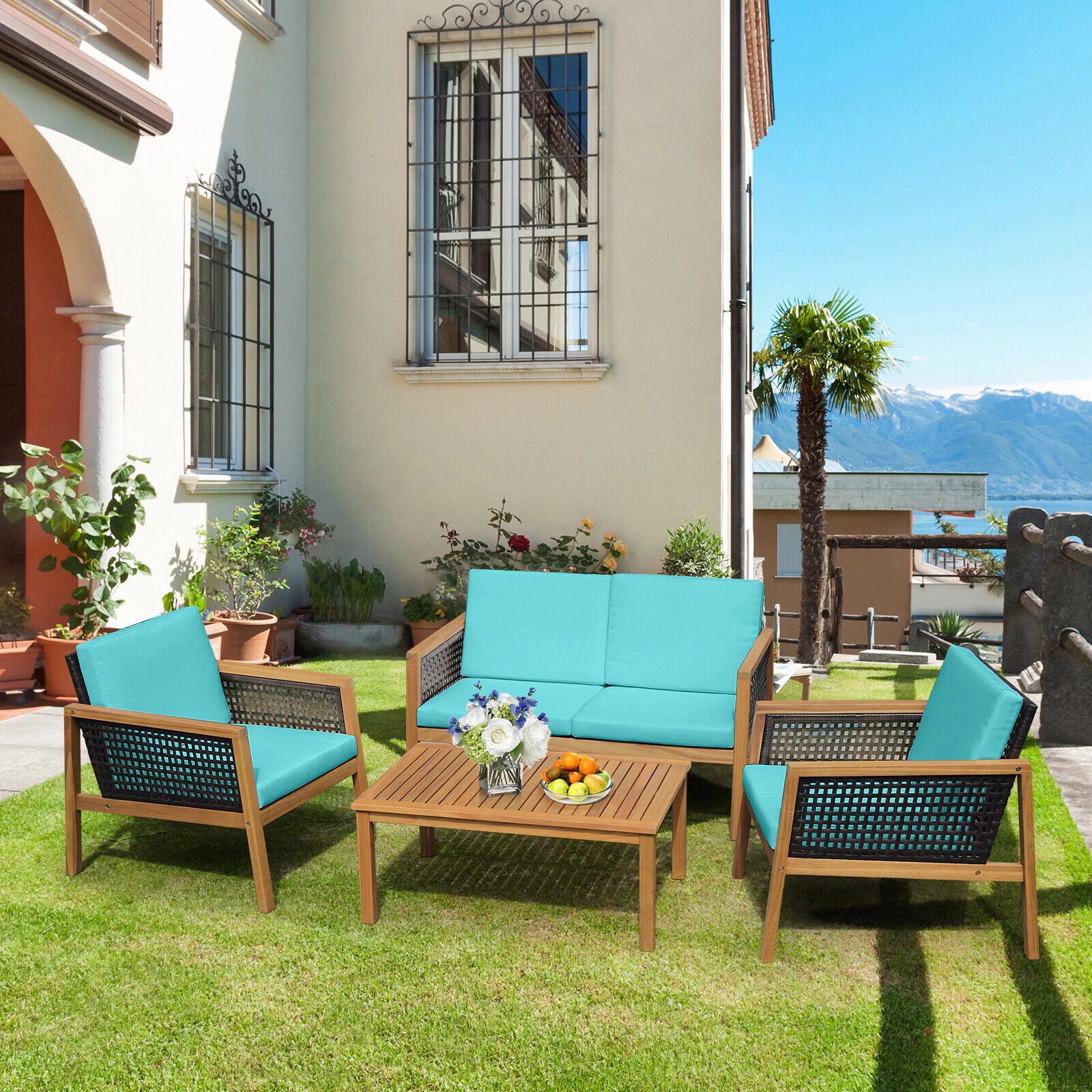 SUGIFT Acacia Wood Frame and Removable Cushions 4-Piece Turquoise Patio Rattan Set