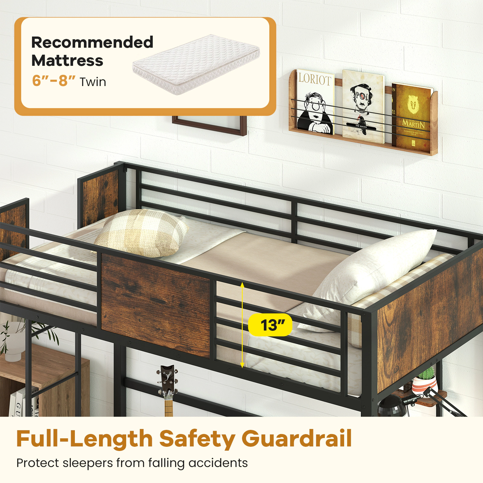SUGIFT Twin Loft Bed with Desk and Open Shelf, Metal Frame, Black and Rustic Brown