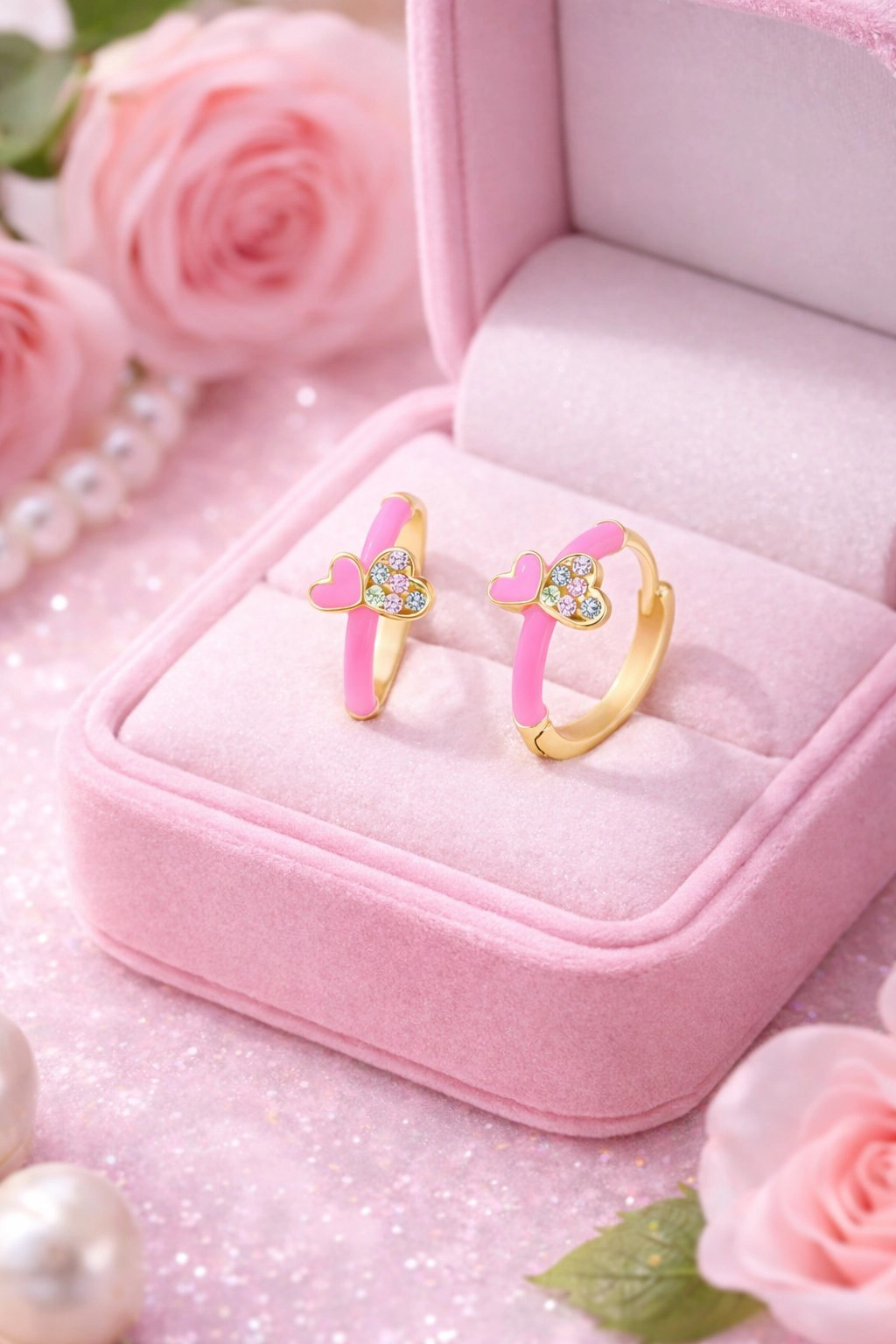 CHANTEUR Kids Yellow Gold-Plated Huggie Hoop Earrings with Pink Enamel and Cubic Zirconia