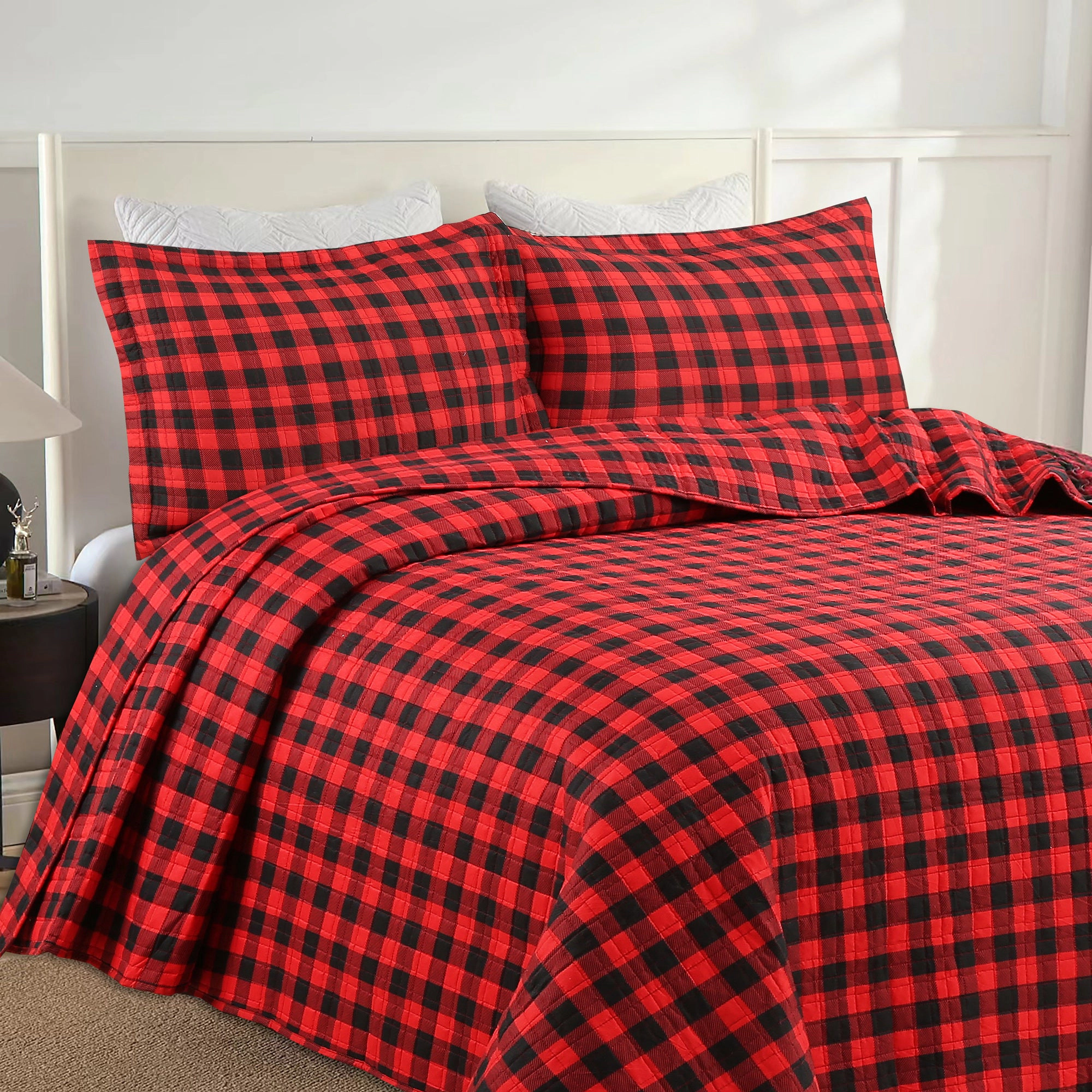MarCielo 3 Piece Buffalo Plaid Christmas Quilt Set – Red Black Checkered Bedspread Set