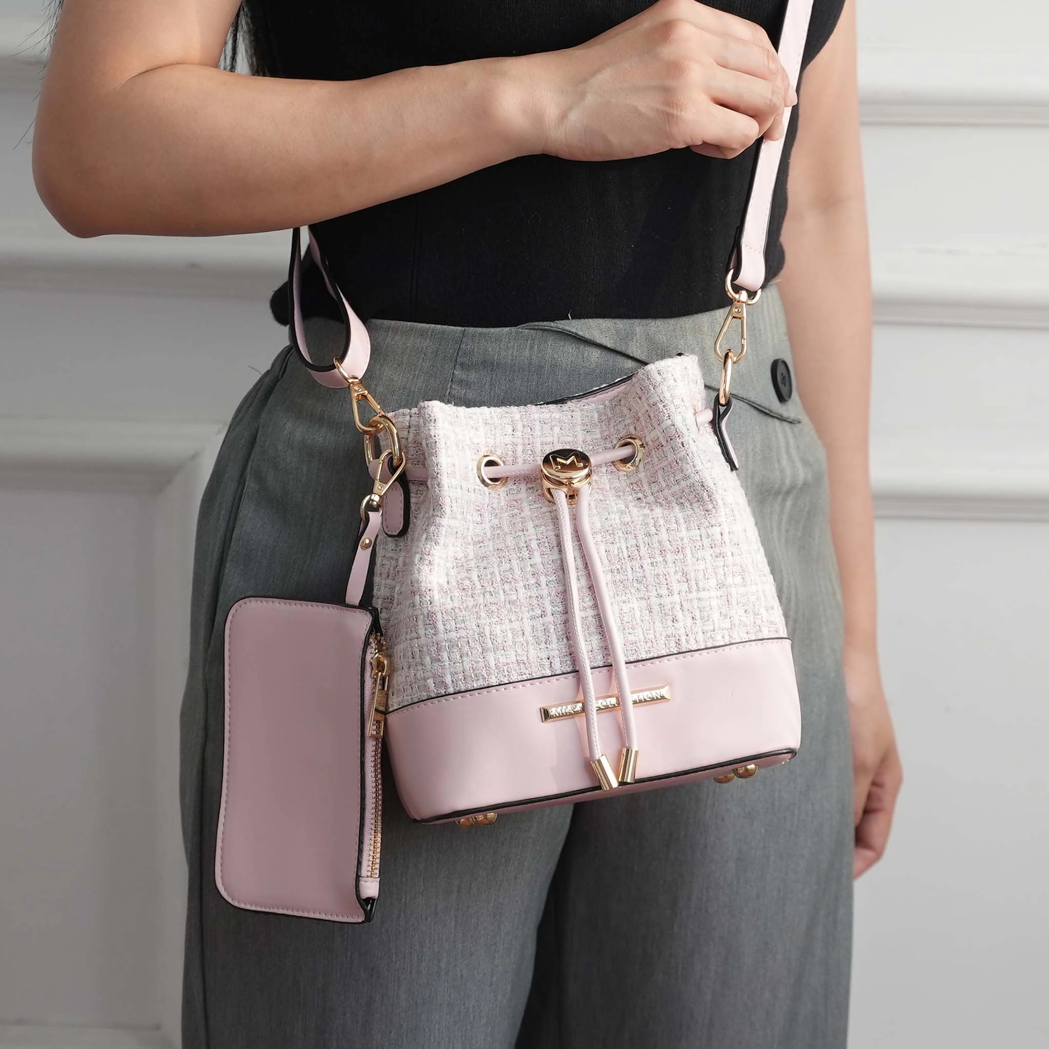 Mia K Collection 3-in-1 Handbag Set - Structured Tote, Tweed Bucket Bag & Mini Zipper Pouch