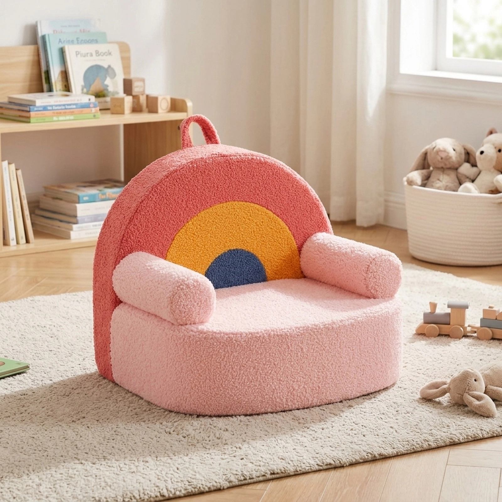 SUGIFT Red Teddy Fleece Toddler Foam Couch with Side Pocket and Washable Cover