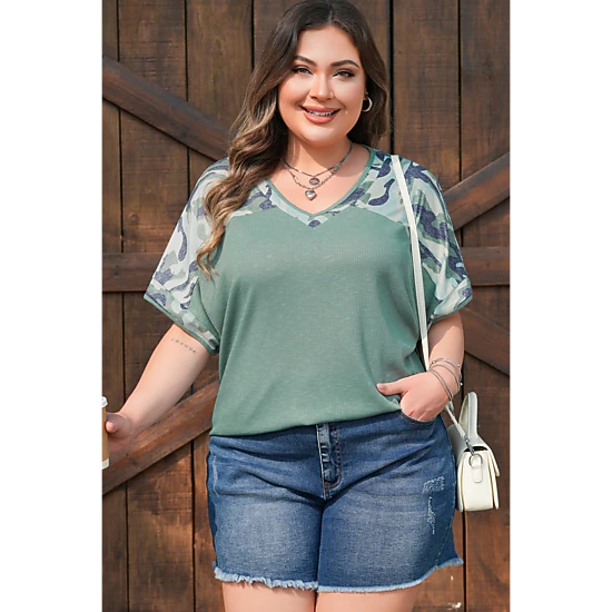 Threaded Pear Women's Mazie Mist Ribbed Patchwork PLUS Tee